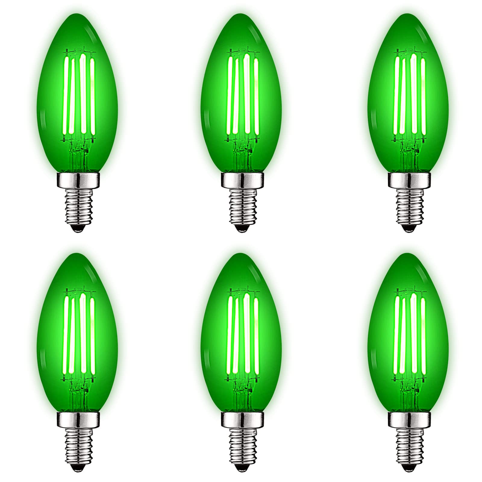LUXRITE E12 LED Filament Green Light Bulb, 4.5W, Glass, 6 Count, Model LR21742-6, Indoor Outdoor, UL Listed