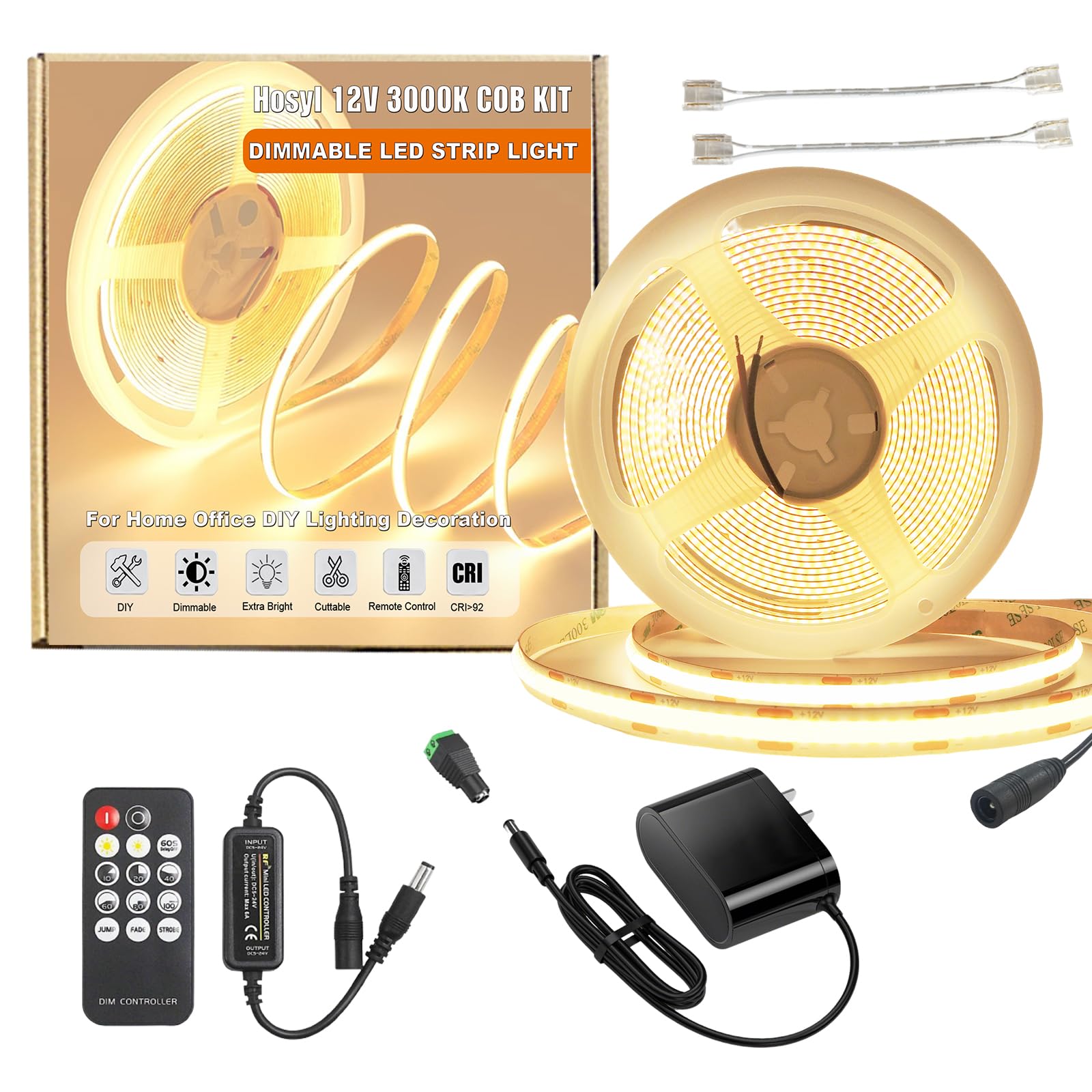 Hosyl Dimmable Warm White Cob Led Band Light Kit with RF Remote & UL 12V Power Supply 3000K CRI93+ No Dark Spots Tape Lights for Cabinet  Bedroom  DIY Craft  Wall Accent Lighting