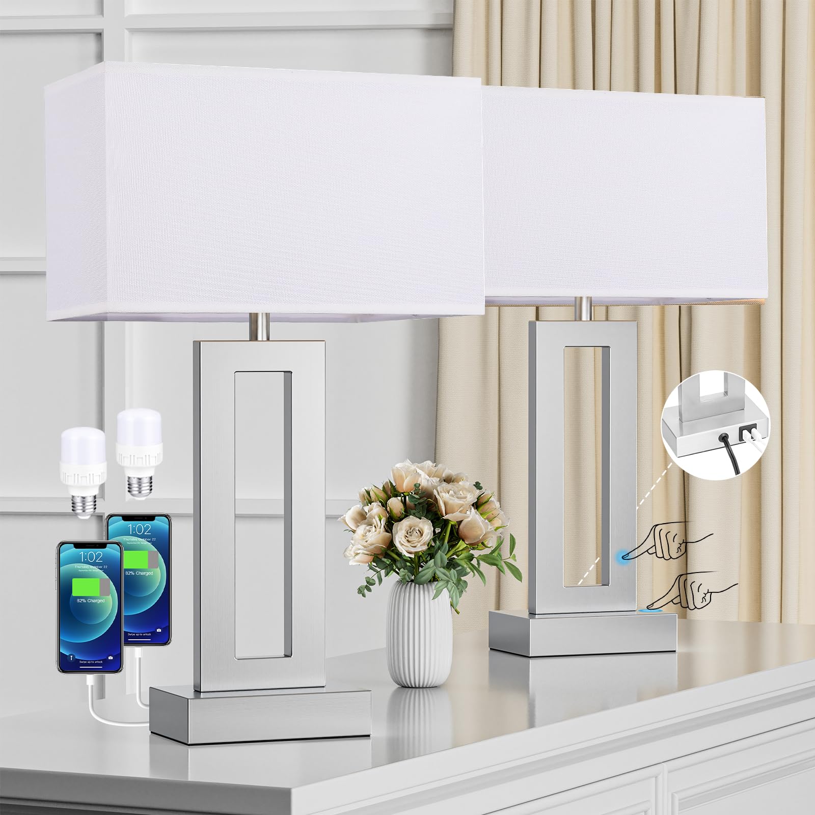 Seealle Nightstand Table Lamps Set of 2 - Touch Control, 3-Way Dimmable, Medium Size, White & Silver, Model 04072