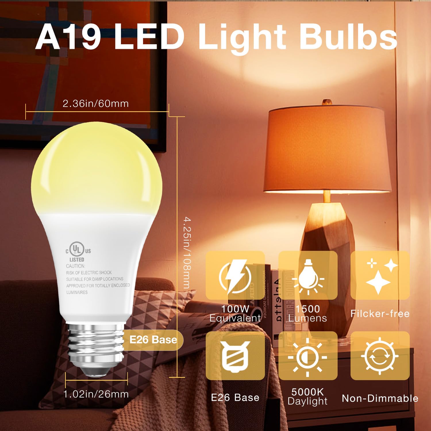 Dalattin 12 Pack Led Bulbs Soft White 2700K, 100 Watt Equivalent A19 Standard Bulbs, E26 Base, 1500 Lm, Efficient 15W Energy Sav