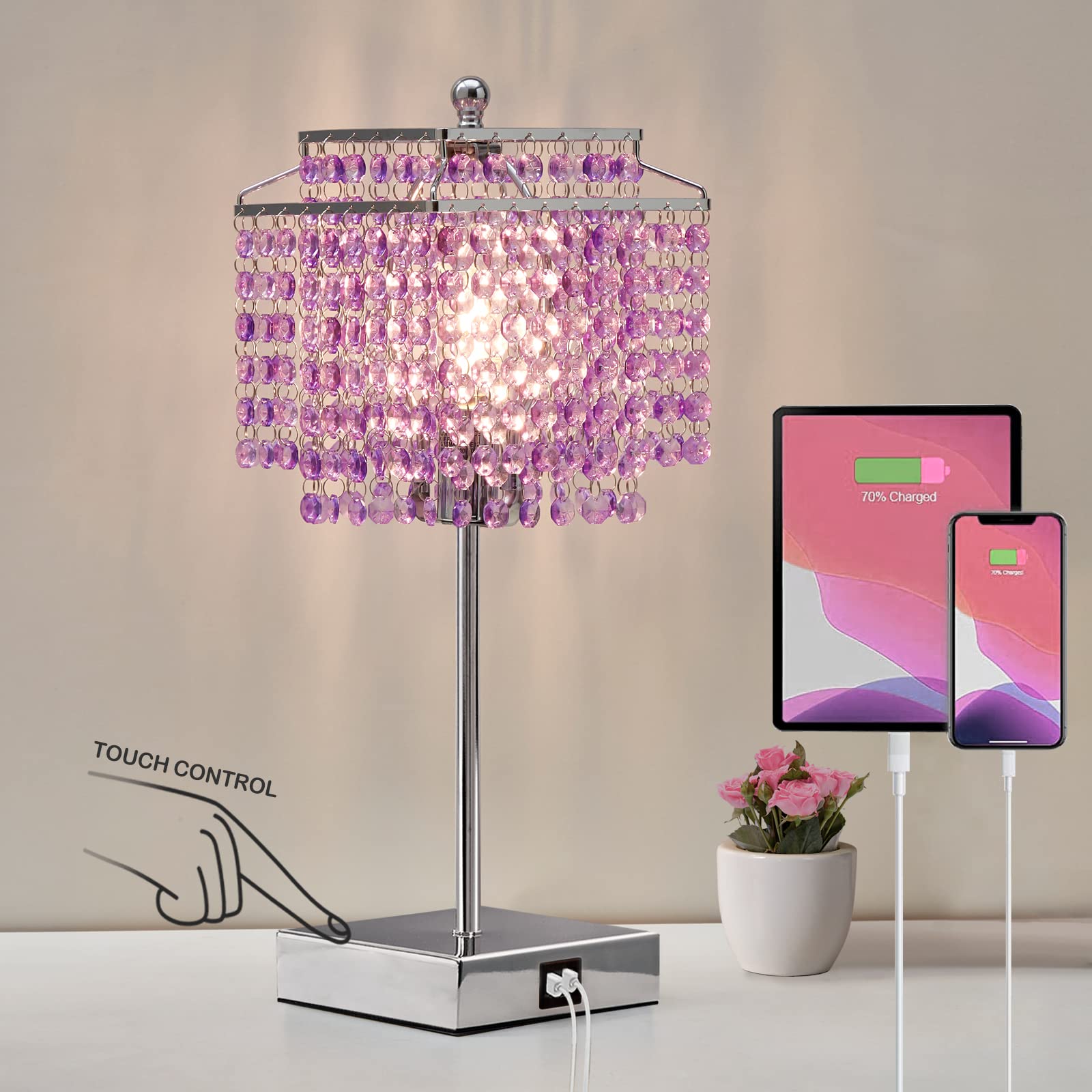 Luvkczc Crystal Table Lamp, Touch Lamp with USB C+A Ports, 3-Way Dimmable Lamp with Crystal Shade, Purple Nightstand Lamp for Gi