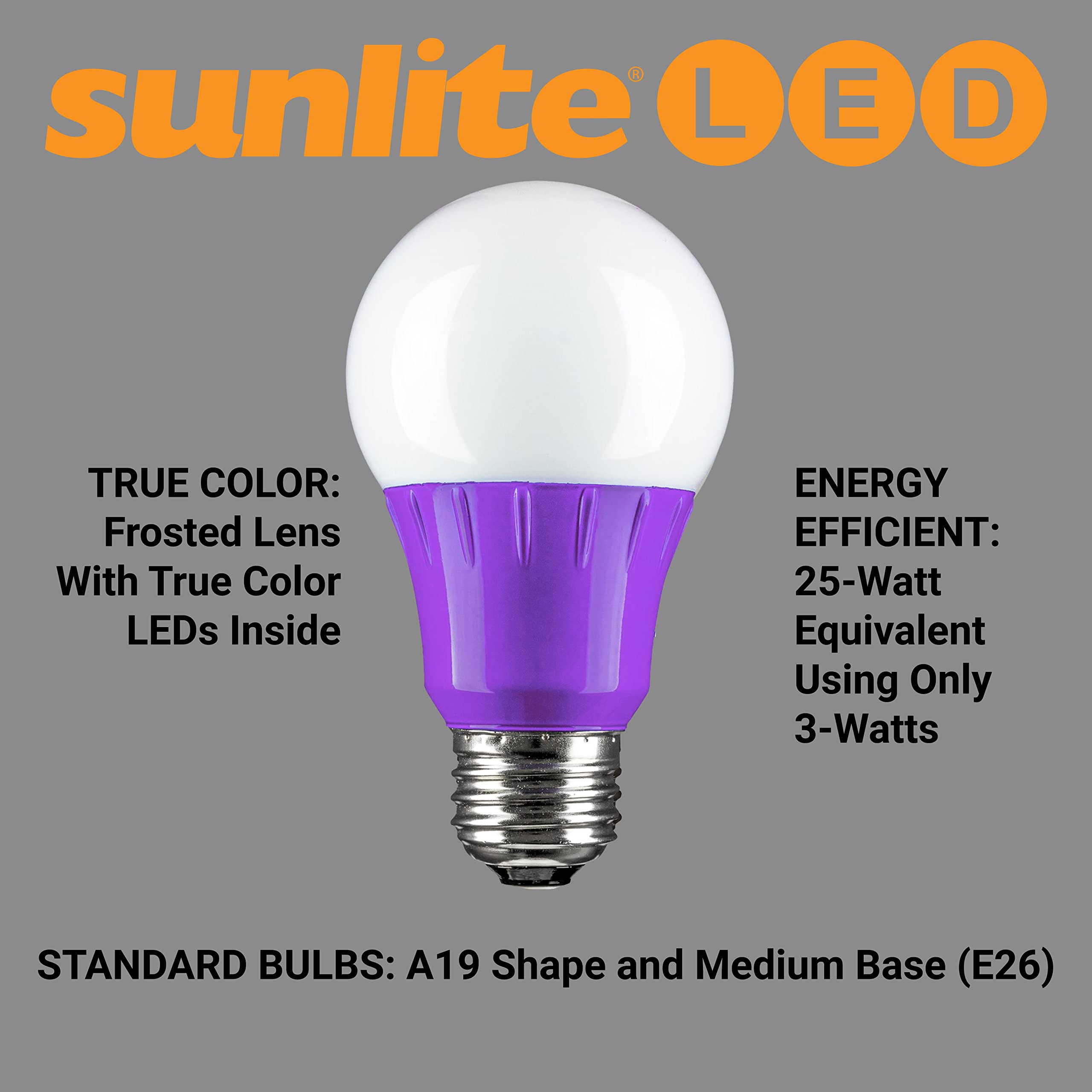 Sunlite LED A19 Colored Light Bulb, 3W (25W Equivalent), E26 Base, Non-Dimmable, Purple, 6 Count, Model 40946