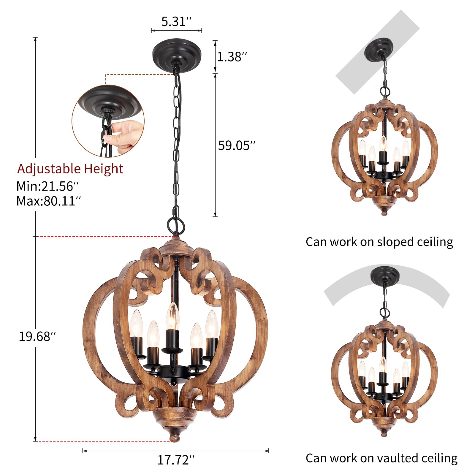 Rviezza 5-Light Rustic Wood Chandelier - Vintage Orb Pendant Lighting for Dining Room, Kitchen Island, Foyer, 17.72'' Model B0F8VH8L17