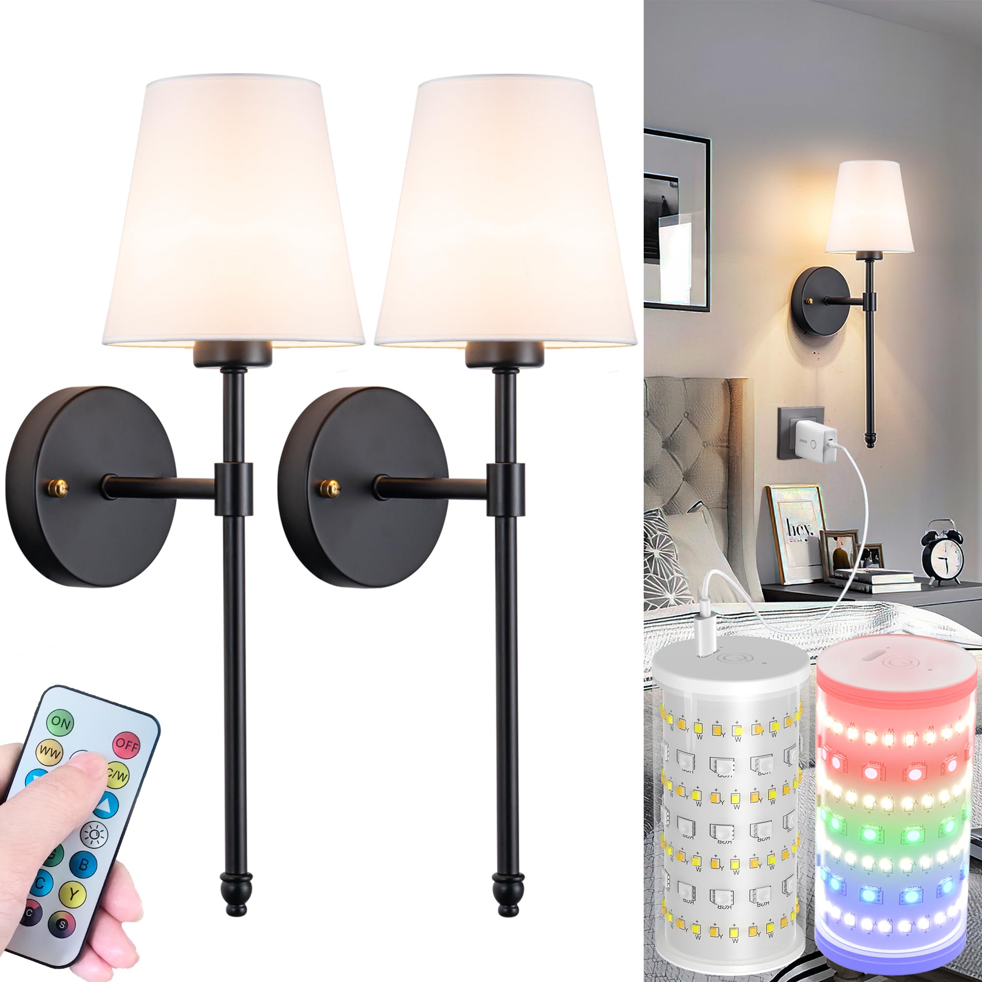 Nekhung Battery Operated Wall Sconces Set of 2, Wireless RGB Rechargeable Light, 20inch Black Metal, Remote Control, One Size