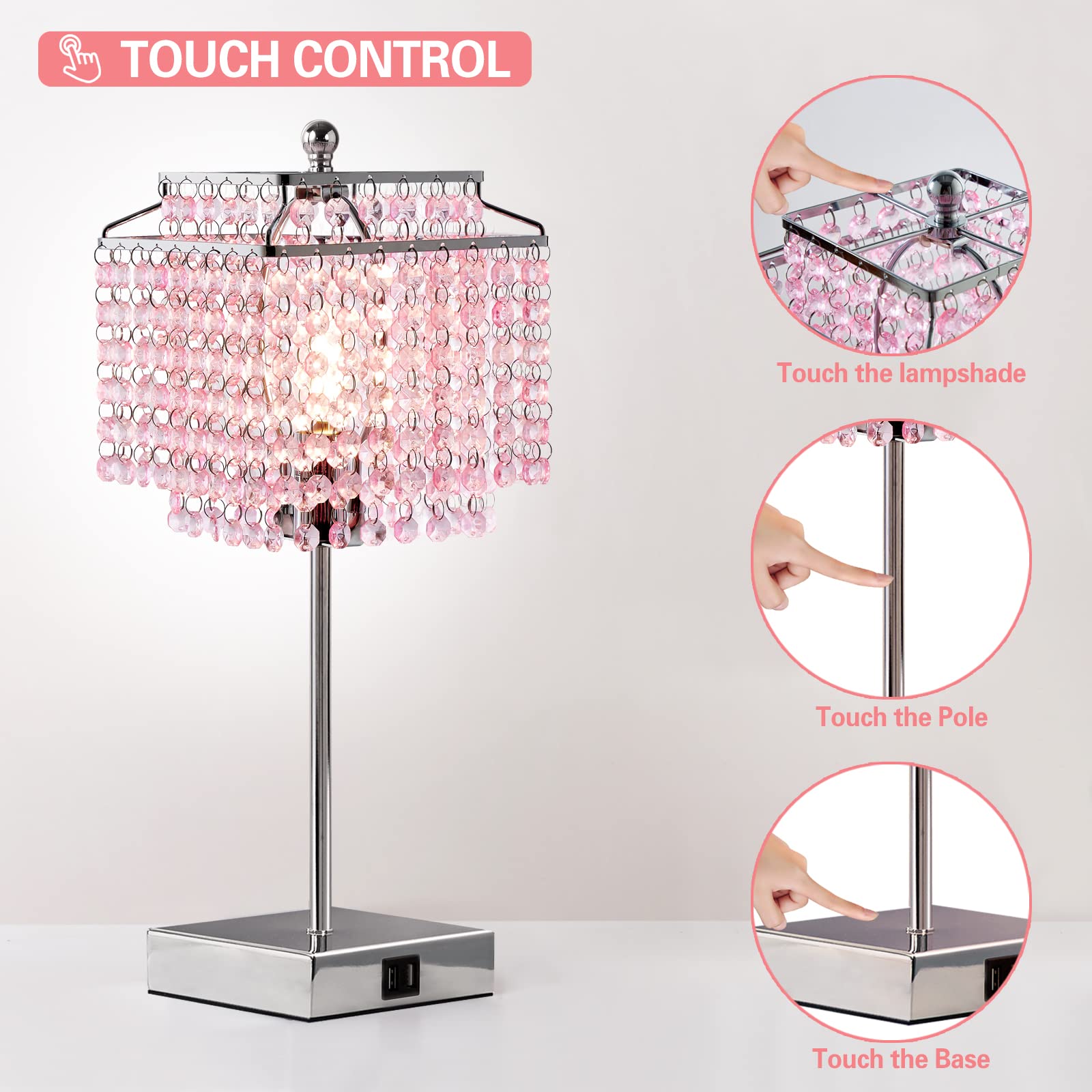 Luvkczc Set Of 2 Bedside Pink Crystal Table Lamp, Touch Control 3-Way Dimmable Lamp With Crystal Shade For Bedroom, Girl Living