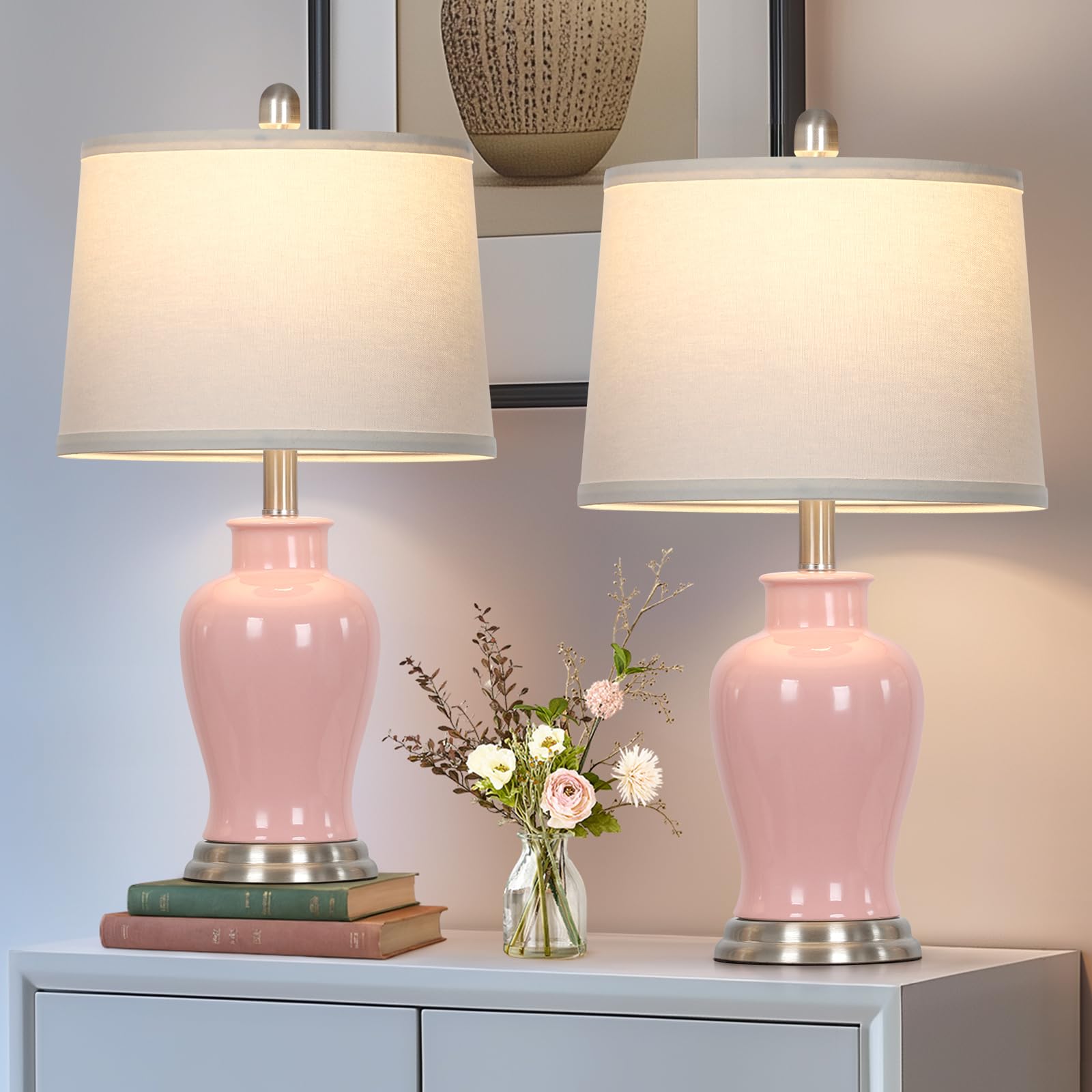 23'' Ceramic Table Lamps Set of 2, Modern Ceramic Lamps for Living Room, Cute Bedside Lamps with Ginger Jar Design, Elegant Bedr