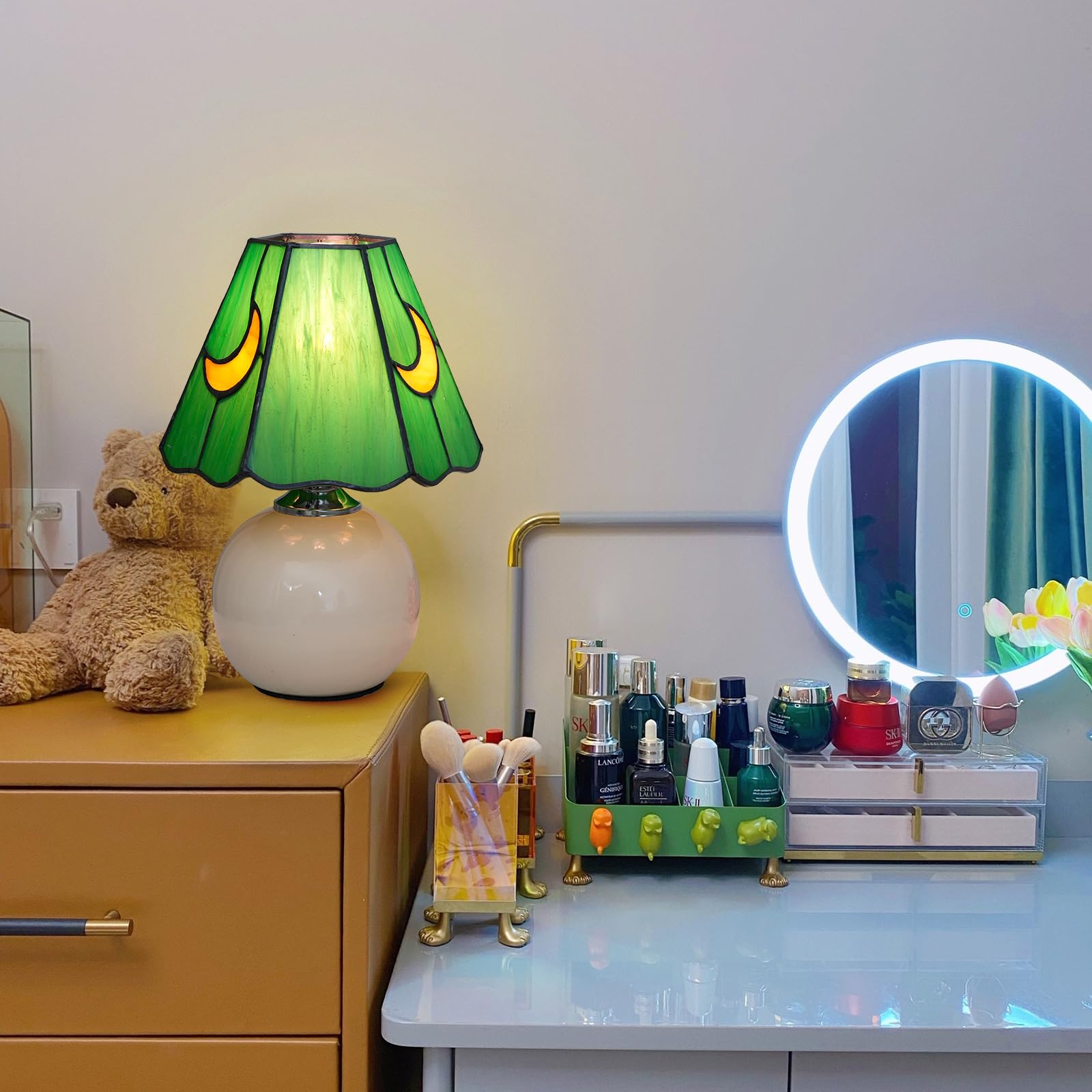 KIPHEPI Tiffany Stained Glass Mushroom Lamp, Small Bedside Table Light, Green, Model OFU1205