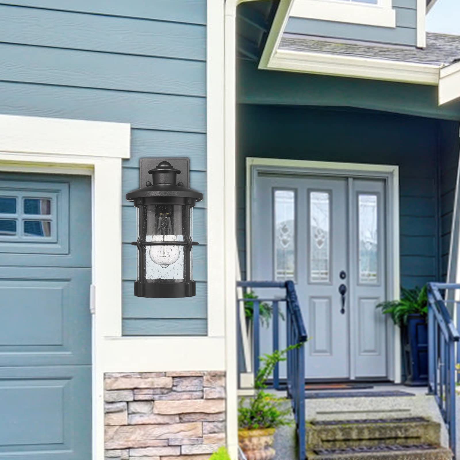 Rosient Outdoor Wall Sconces  Dusk To Dawn Outdoor Wall Lights  Exterior Wall Mount Lighting  Wall Light Fixture In Black Finish With Seeded Glass  2 Pack  Ddltm-W-2Pack