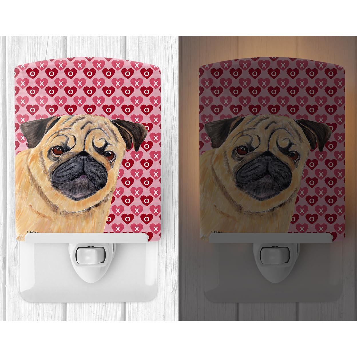 Carolines Treasures Ceramic Night Light, Pug Hearts Design, UL-Certified, 6x4x3 inches, Multicolor, Model SC9268CNL