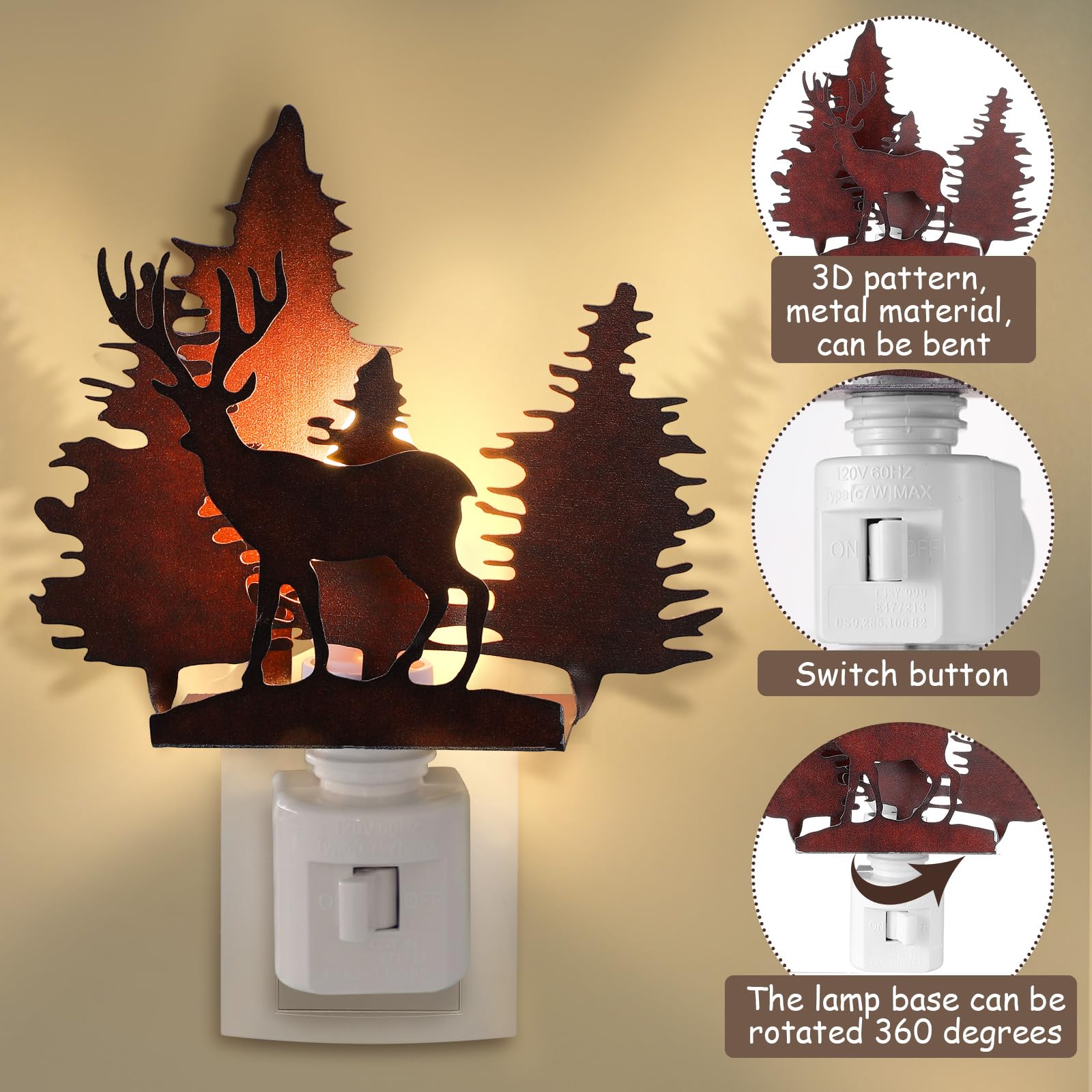 Tuanse Forest Deer Plug In Night Light Farmhouse Metal Led Night Light Decorative Vintage Novelty Lamp Decor For Holiday Bedroom