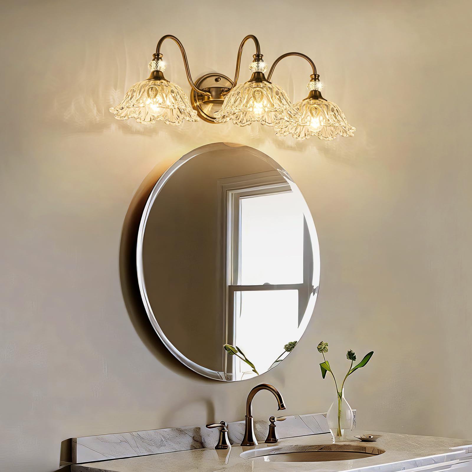 Sunkryster Brushed Nickel 3-Light Bathroom Vanity Light with Floral Glass Shades, Metal Wall Mount Lighting