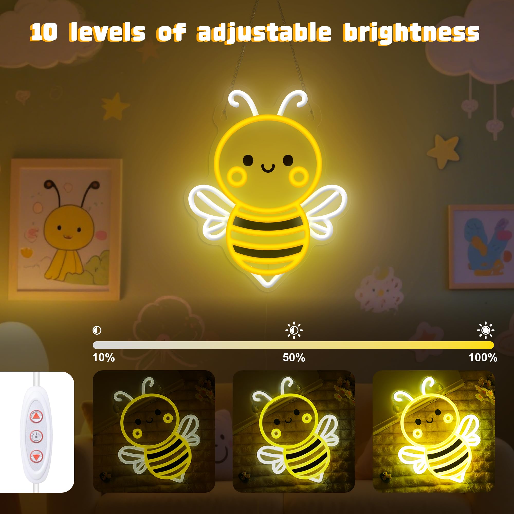OkiyiD Bee Neon Sign Wall Art - USB-Powered, Energy-Saving Light, 11.8"x11.8", Perfect for Bedroom, Living Room, Office, and Garden