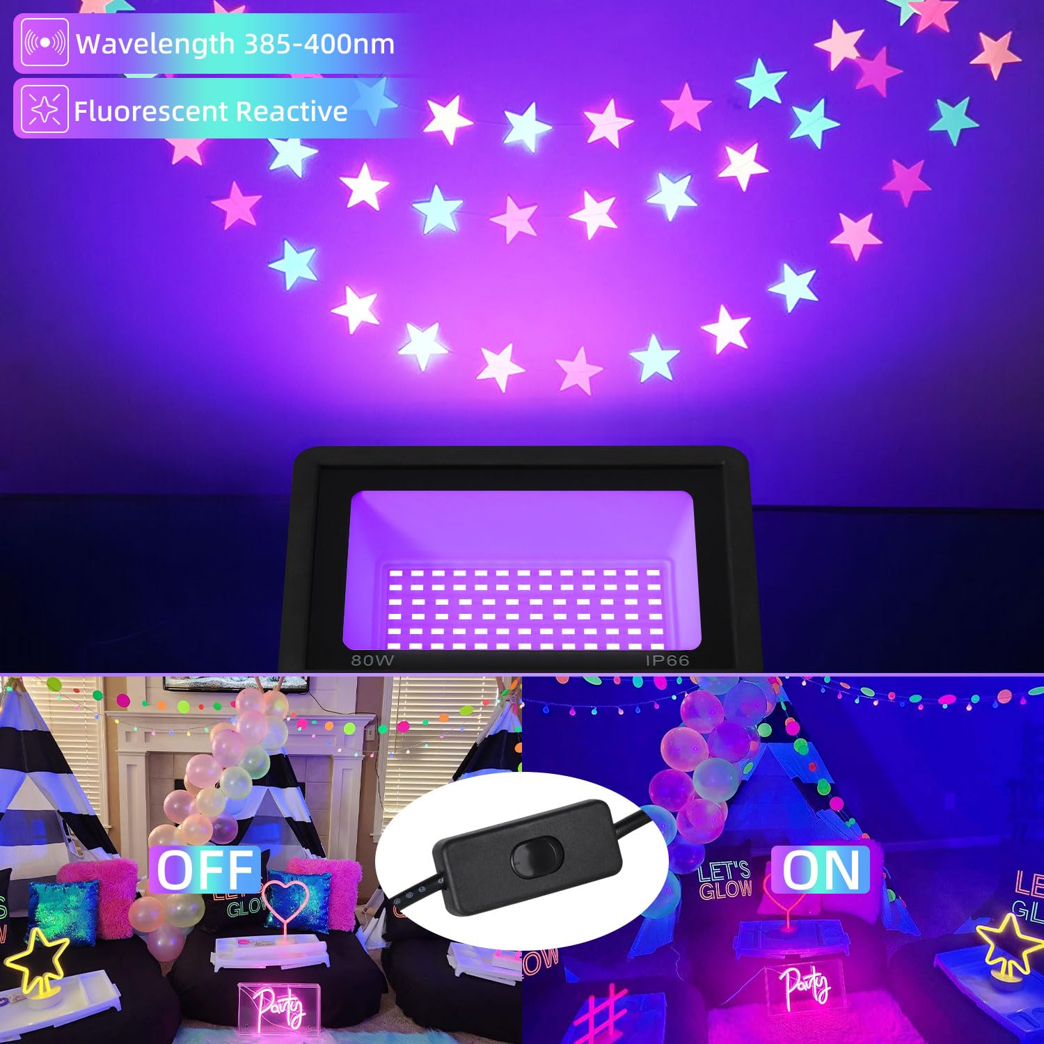 Isuerfy 80W Led Black Light Flood Light, Ip66 Waterproof, 2 Pack For Halloween & Parties