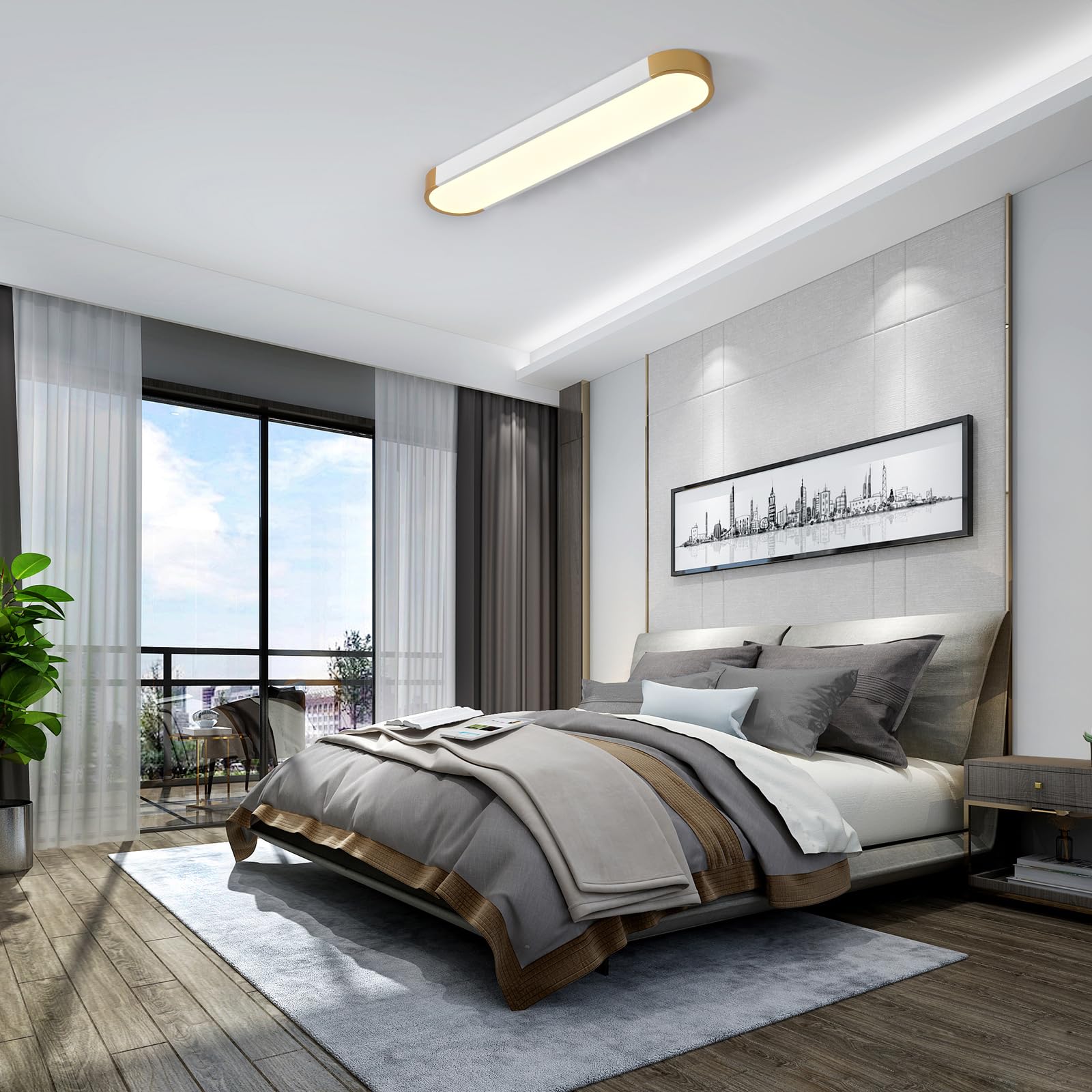 Tioolo Dimmable Led Ceiling Light With Remote 42W Kitchen Lighting Fixtures Ceiling White And Gold Long Ceiling Light Fixture 27.5 Inch Flush Mount Ceiling Lights For Kitchen Dining Room Hallway