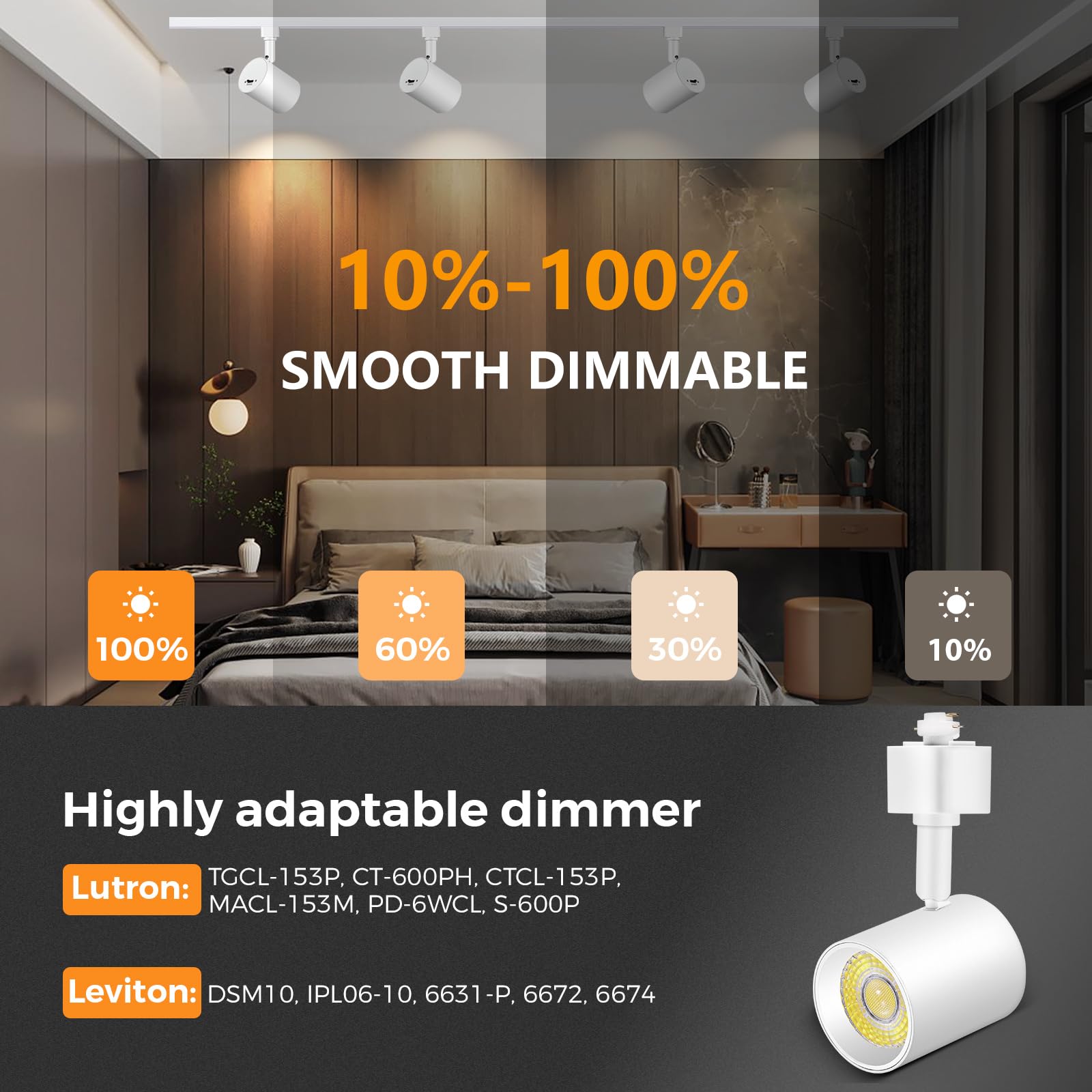 Vanoopee Dimmable 5-Color Led Track Light Heads, 10W 800Lm, Adjustable, White (4