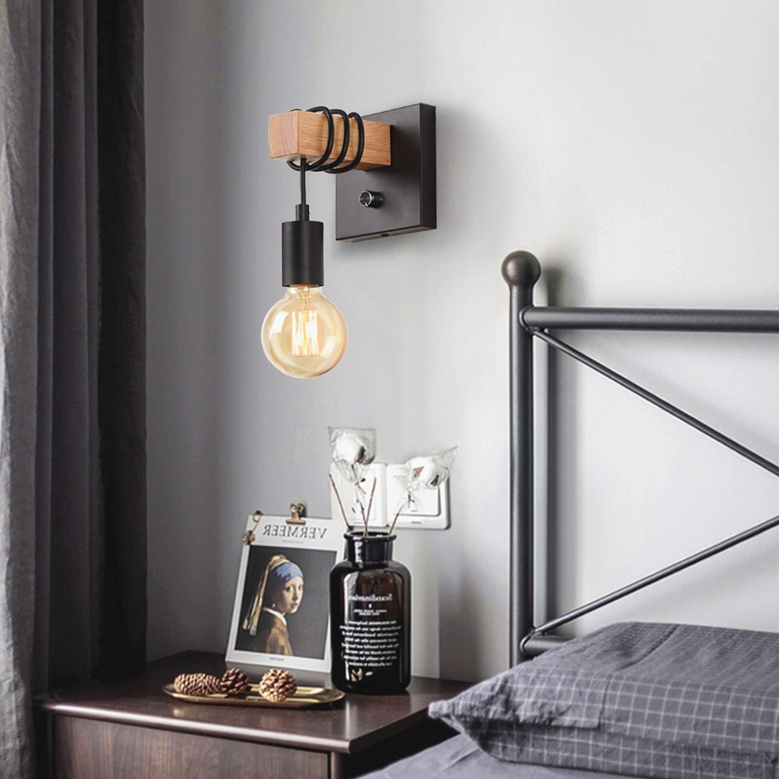 Lightess Black Wall Sconces Dimmable, Edison Wall Light With On/Off Dimmer Switch, 1-Light Industrial Farmhouse Wall Lamp For Ba