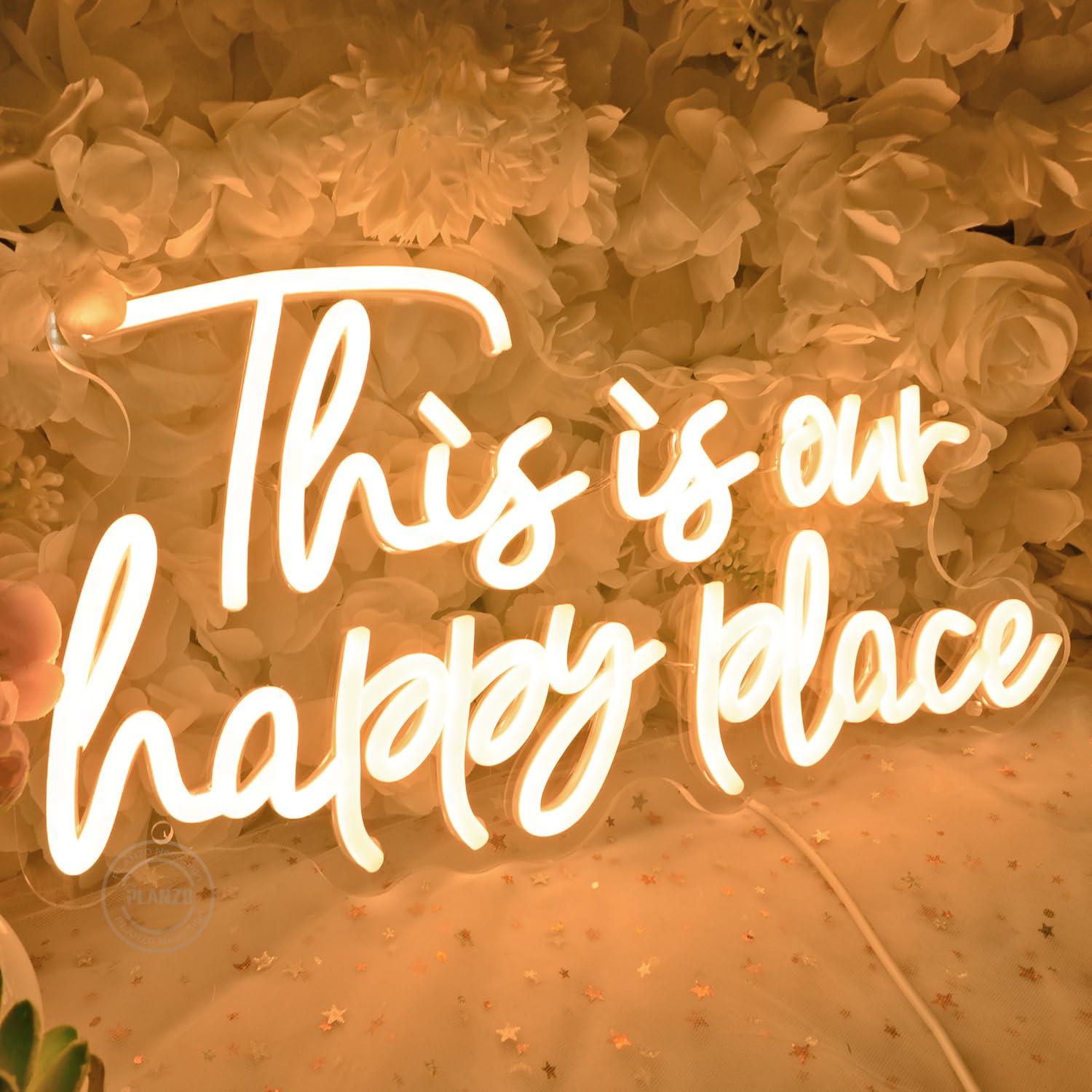 Planzo Neon Sign Light - inThis is Our Happy Placein - Warm White - 16.54in W x 8.07in H - Plastic/Acrylic - Home Wall Art Decor