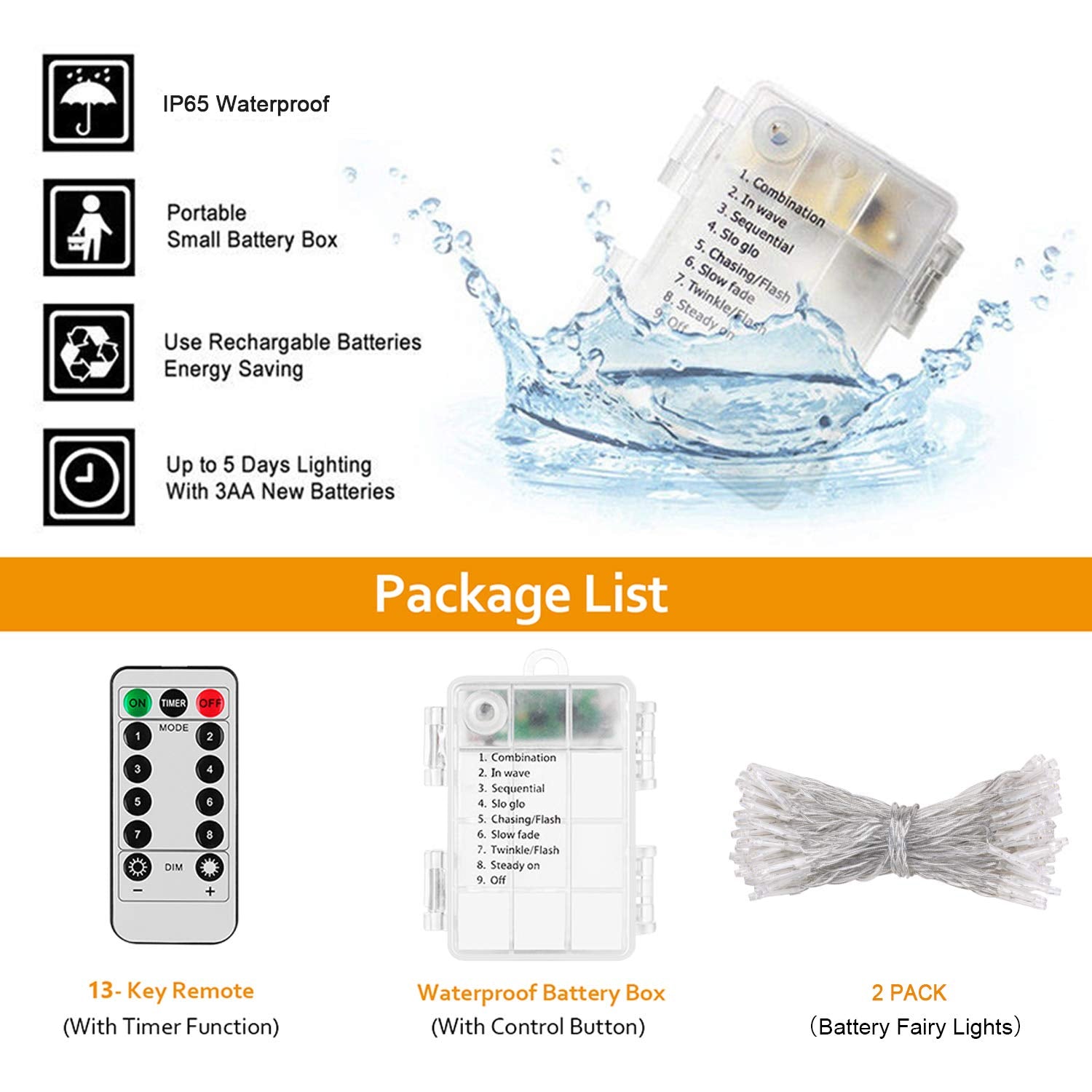 Koxly 2 Pack Battery Operated String Lights With Remote Timer Waterproof 8 Modes 16.4Ft 50 Led String Lights For Bedroom,Garden,