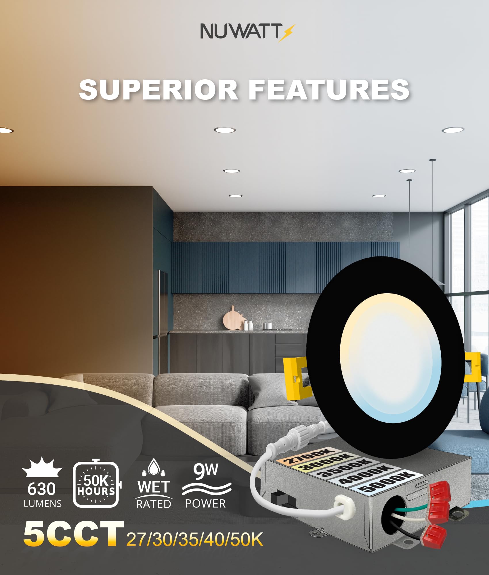 Nuwatt 6 Pack, 4 Inch Ultra-Thin Led Recessed Lighting Black, 5Cct 2700K/3000K/3500K/4000K/5000K Selectable, 630Lm, 9W, Ic Rated, Dimmable Canless Wafer Light, Damp Rated Pot Lights With Metal J-Box