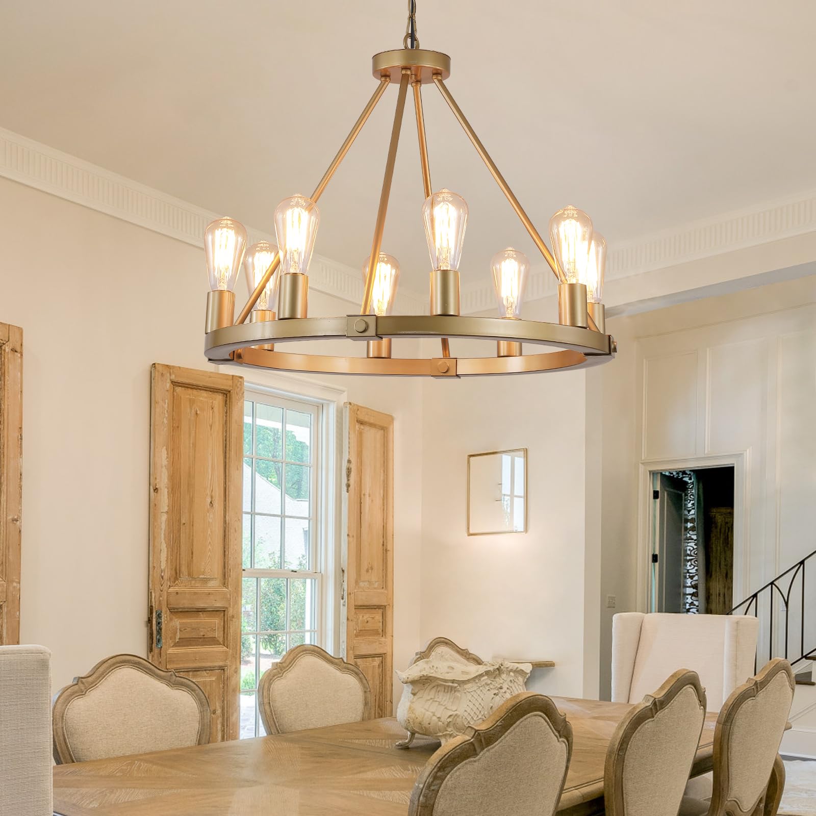 9MMML Golden Wagon Wheel Chandelier, 8 Lights, Height Adjustable, Metal, Model MA8033P8GD, Luxury Pendant Light for Kitchen, Dining Room