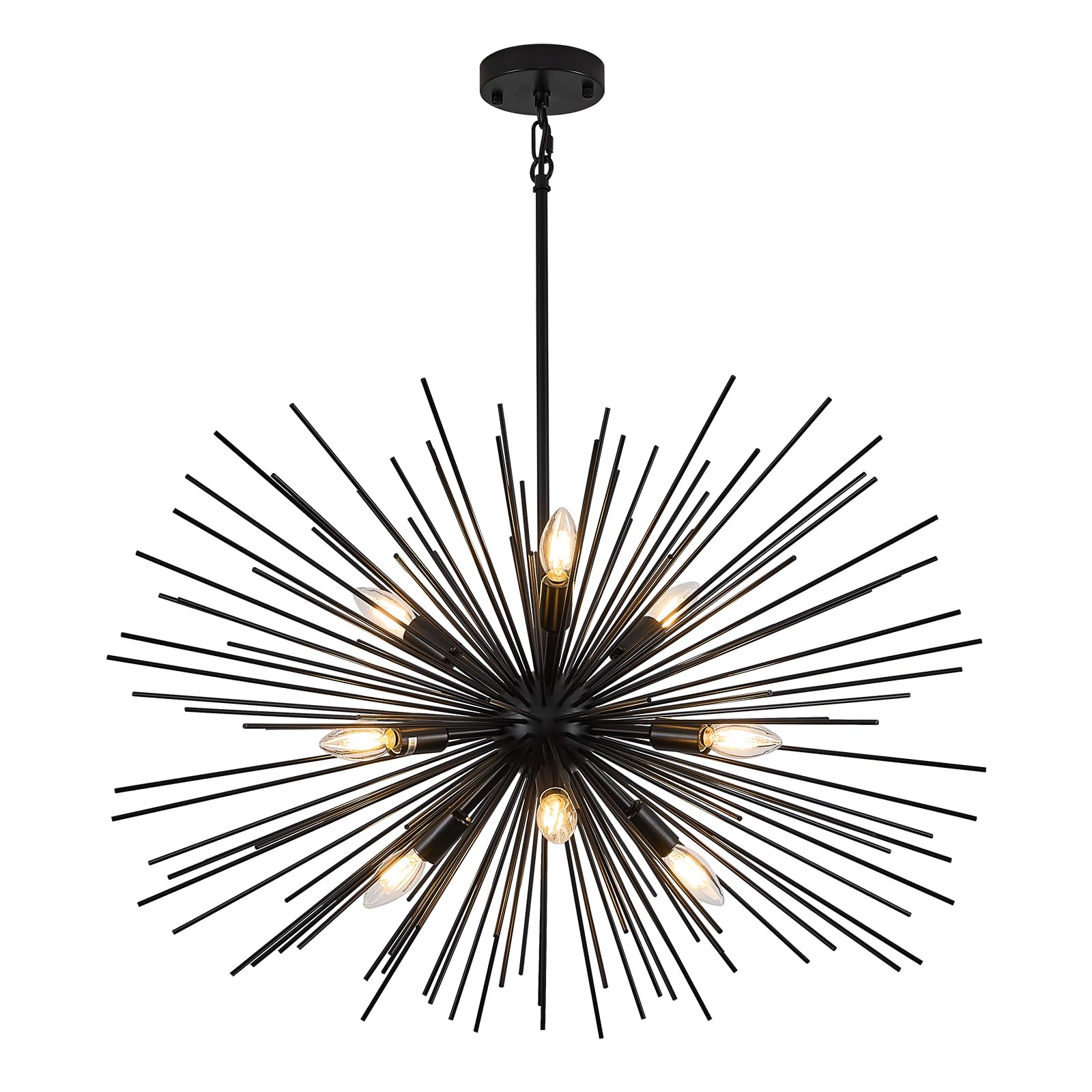 Fookchak 32In Black Sputnik Chandelier Solid Metal Starburst Chandelier Light Fixture 9-Light Mid-Century Modern Satellite Light