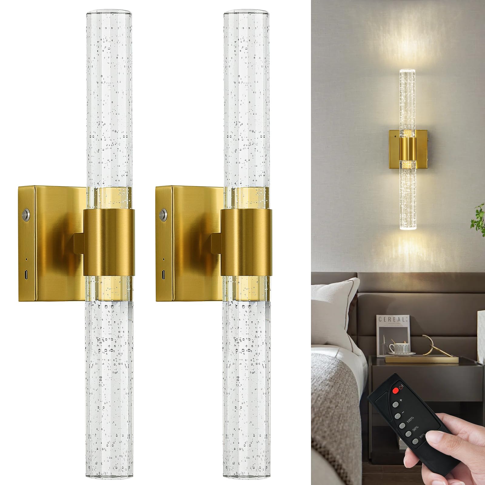 Ccycol Battery Operated Wall Sconce Set Of 2, Gold Rechargeable Wireless Wall Sconces Set Of Two With Remote Control, Modern Led