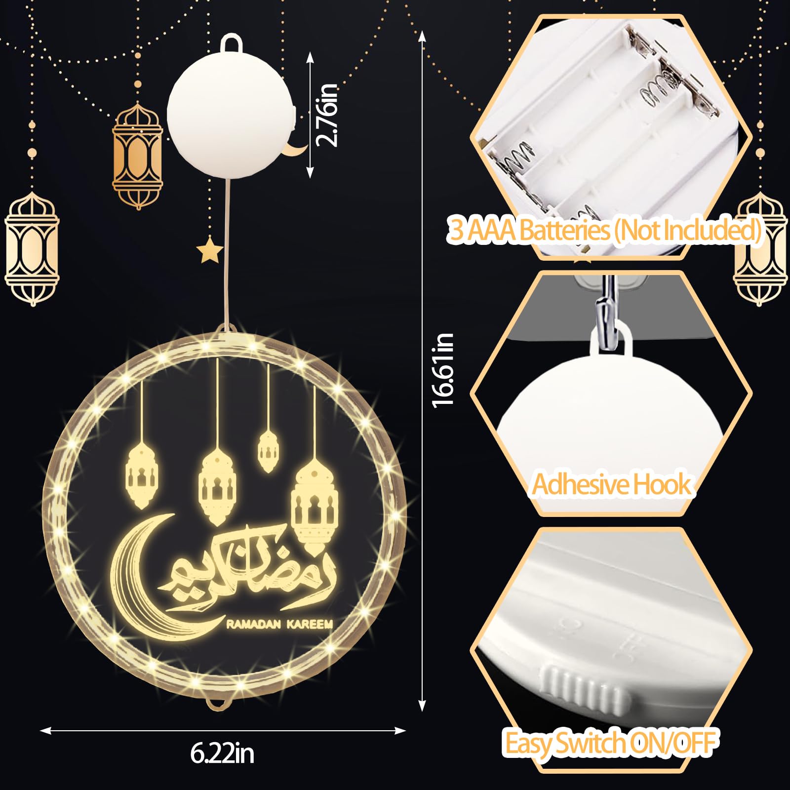 ALIBBON 3D Moon Lantern LED Lights for Ramadan & Eid, Acrylic, Style3, Model HL-EM-LL-240105-03, Battery Operated, Suction Cup