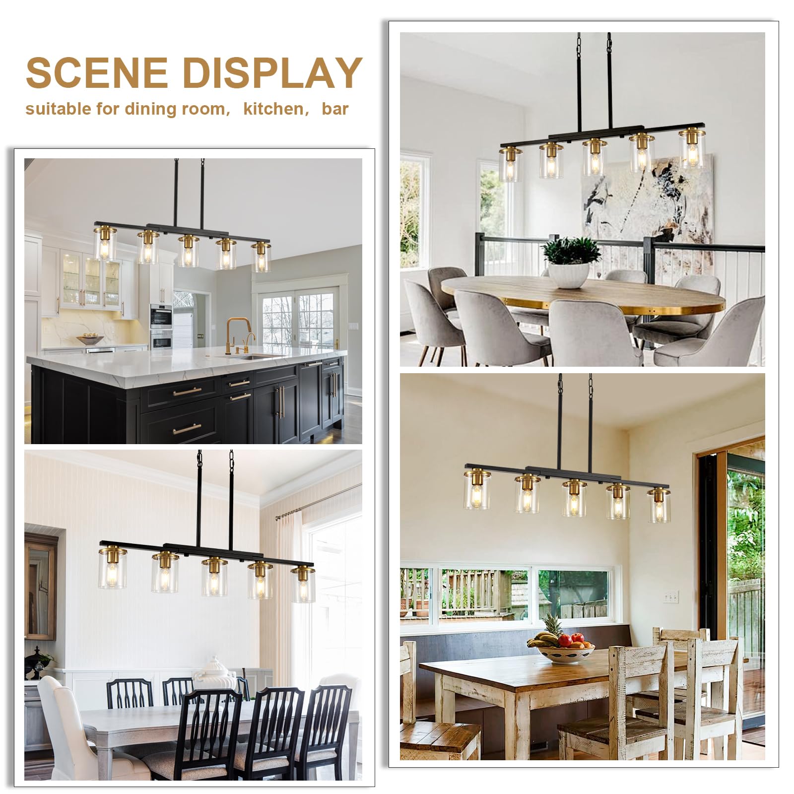 XvmBvm 5-Light Kitchen Island Lighting Chandelier, Modern Rustic Black and Gold, Clear Glass Shade, 36.2inch, Ideal for Dining Room