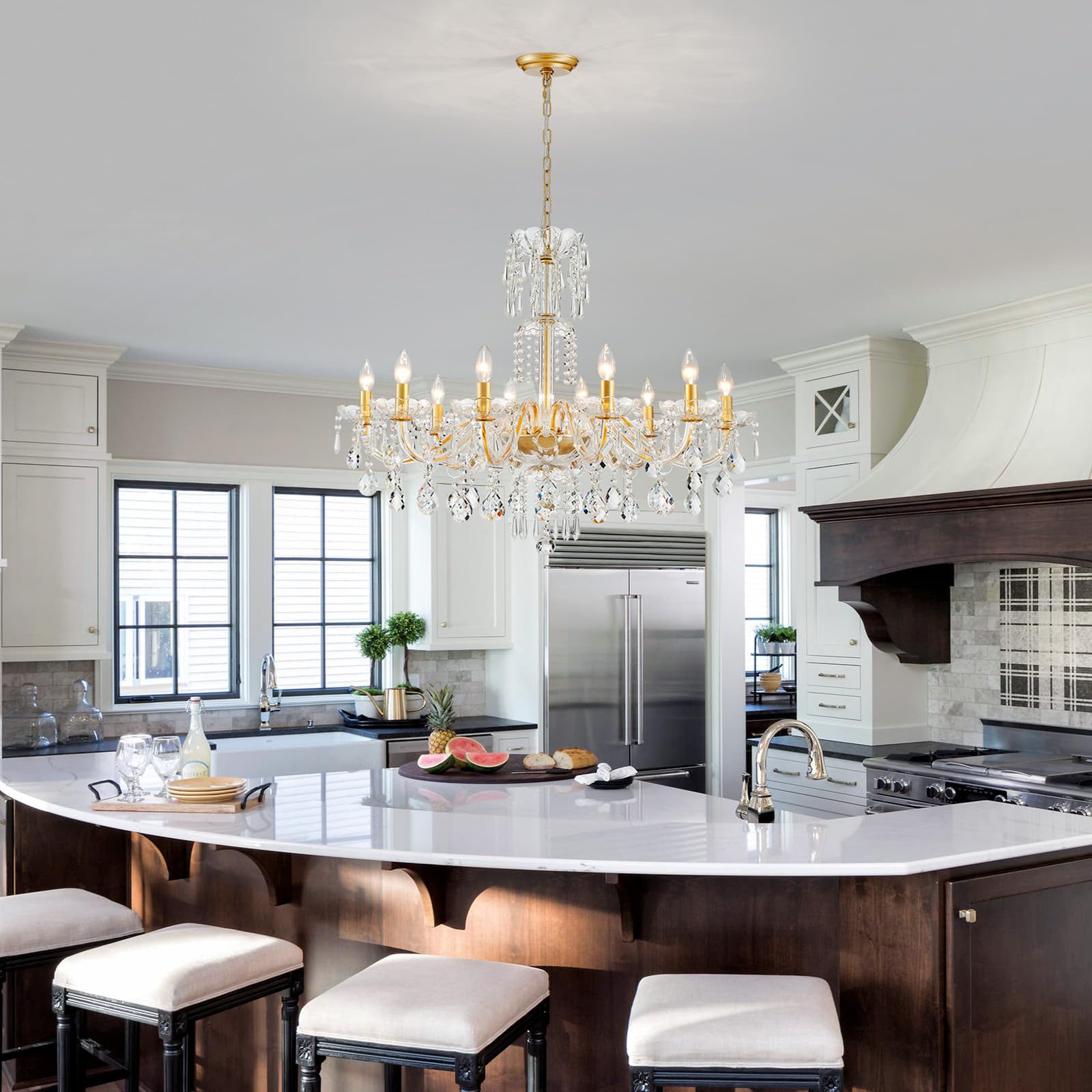 Wuzups 10-Light Crystal Candle Chandelier Pendant Ceiling Light Modern Lighting Fixture For Bedroom Hallway Bar Kitchen Bathroom  H 26.7 W 33.9  E12 Base  Gold