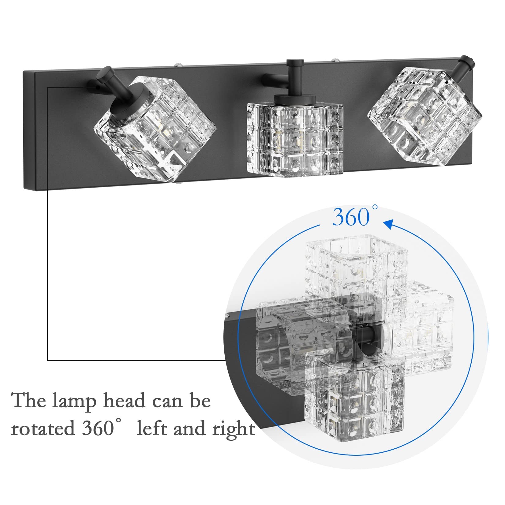 Ralbay Black Vanity Light Fixture, 3 Lights Modern Crystal Design, 20 Inch, Matte Black, Model 9822ralbay
