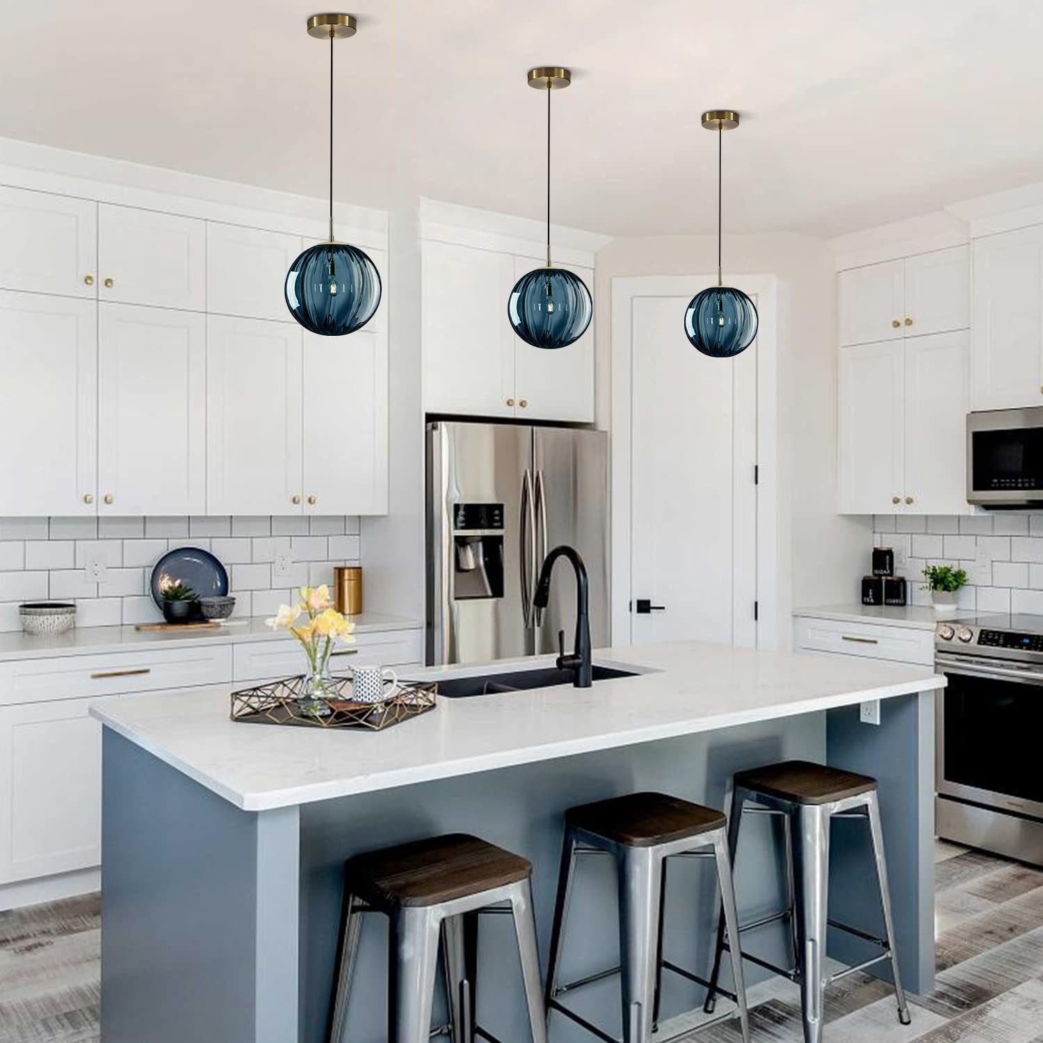 KCO Lighting Modern Pendant Light - 1-Light Ribbed Glass Fixture - 9.8in - Blue - Metal - Model L1124-Blue-L