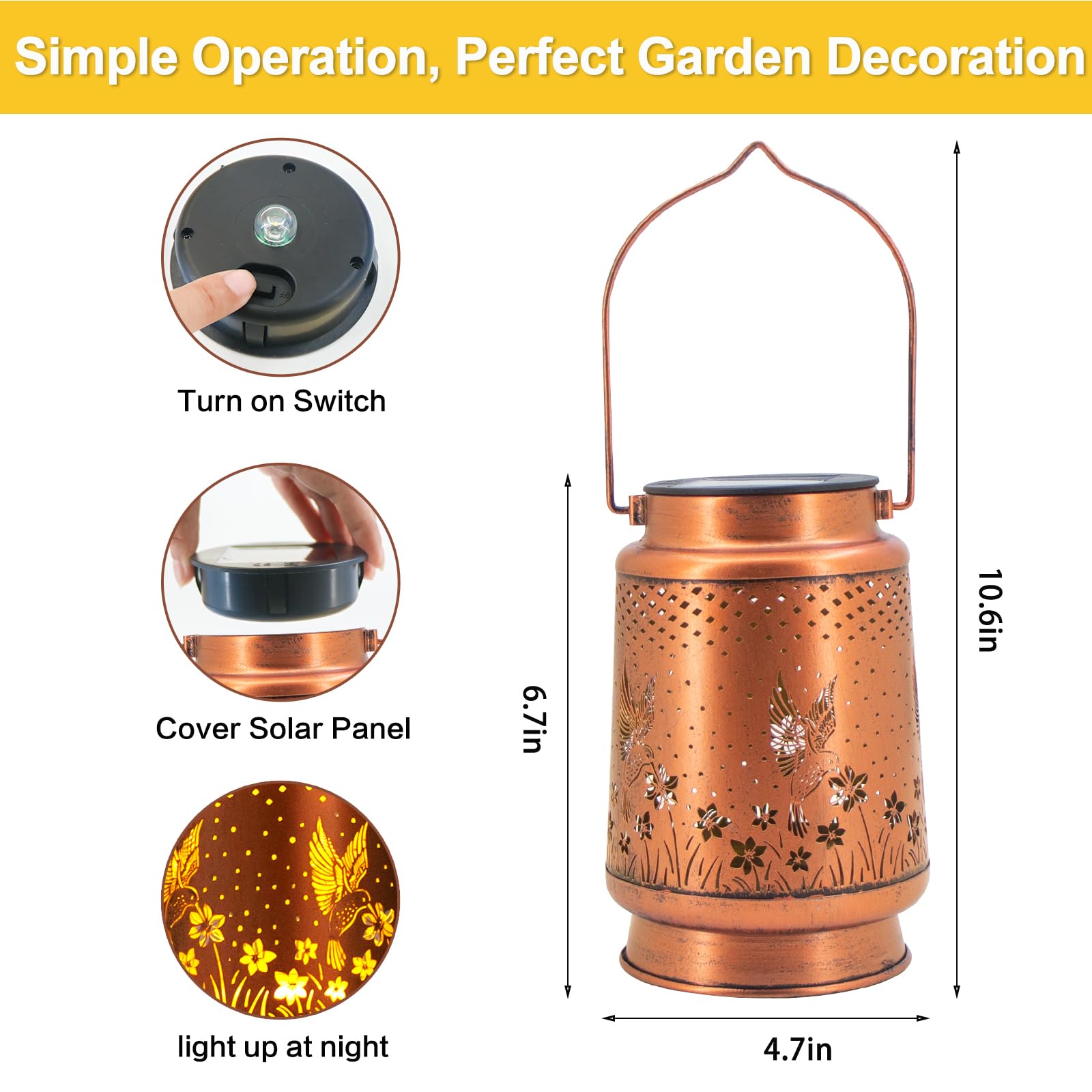 4 Packs Solar Lanterns Outdoor Hanging Lantern Lights, 4 Hummingbirds Hollowed-Out Metal Decor Lantern, Waterproof Led Decorativ