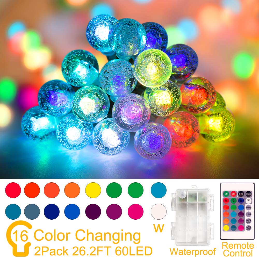 Coloured Globe String Lights Battery Operated,2 Pack 26.2Ft 60 Led 16 Colour Changing Water Proof Crystal Ball Outdoor String Li