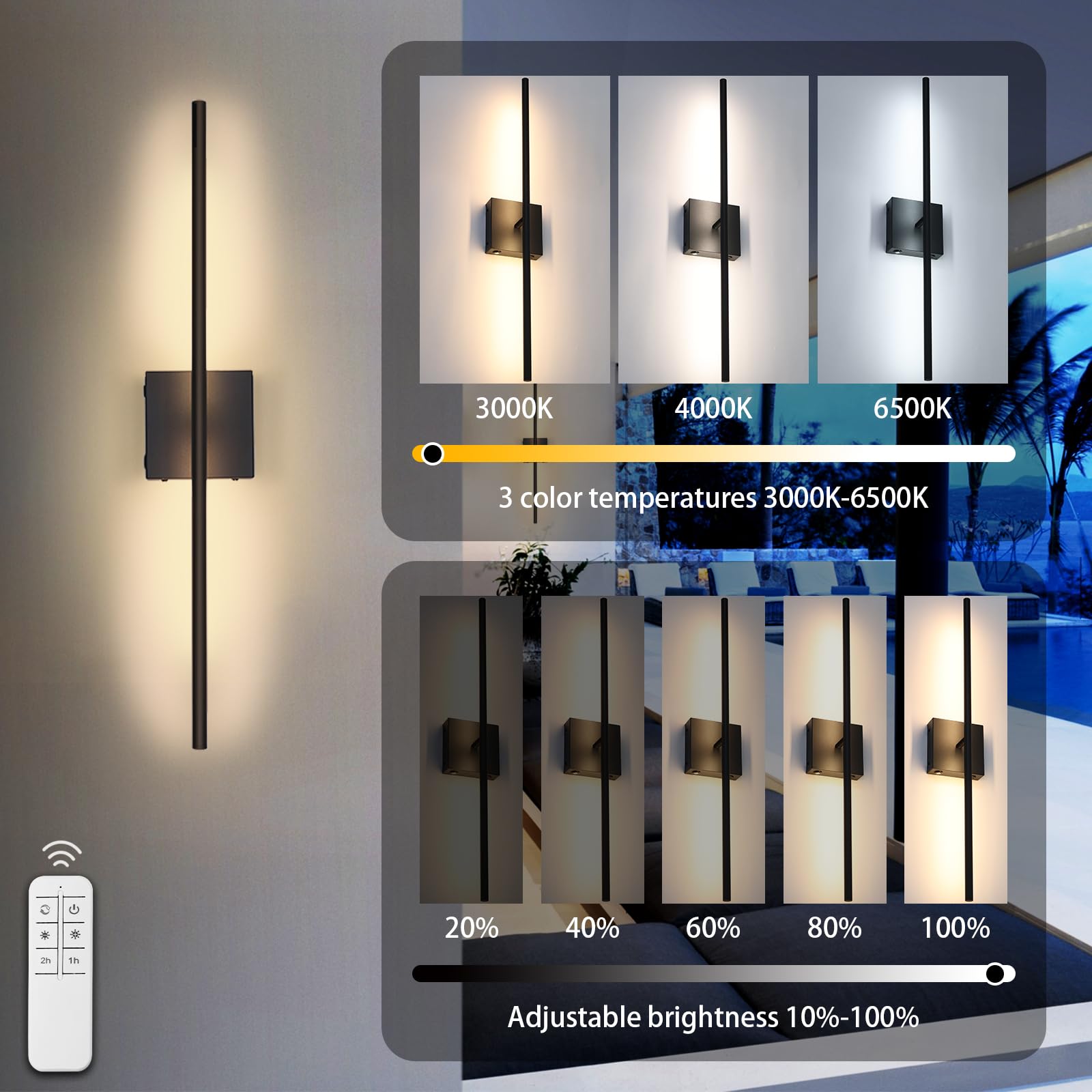 Battery Operated Wall Sconces Set Of 2, 16000Mah Black Rechargeable Wall Sconce With Remote Control, 3000K-6000K Dimmable Led Wireless Wall Light For Living Room, Hallway, Bedroom, Stairs, 29 Inchs