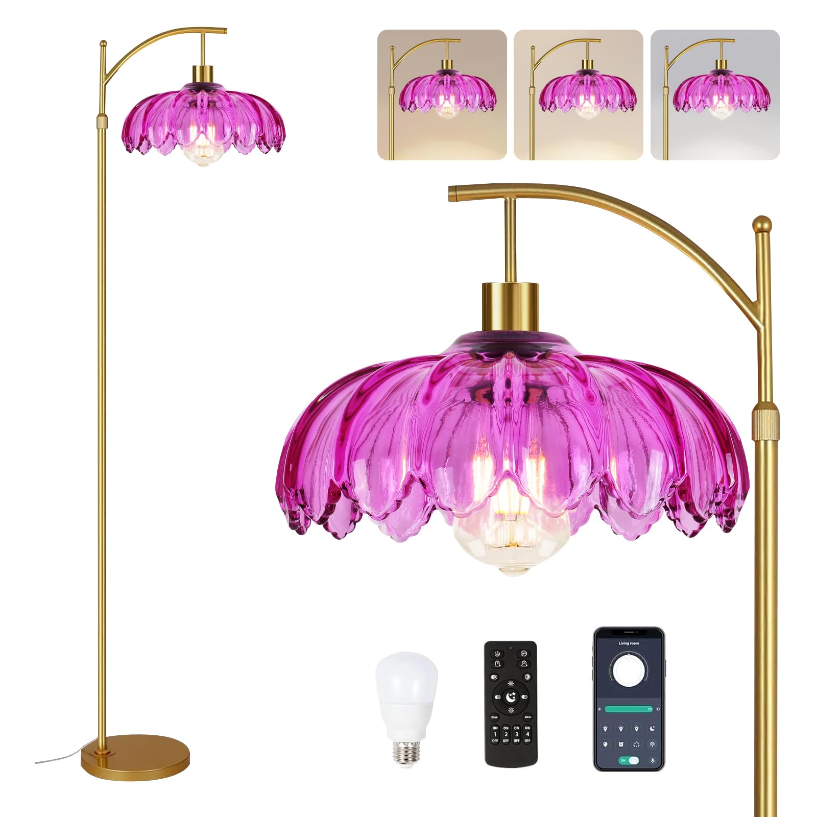 ZECOXOL Vintage Arc Floor Lamp with Remote Control, Glass Lampshade, 10.3 inch, Gold, Mid Century Modern, Model 001