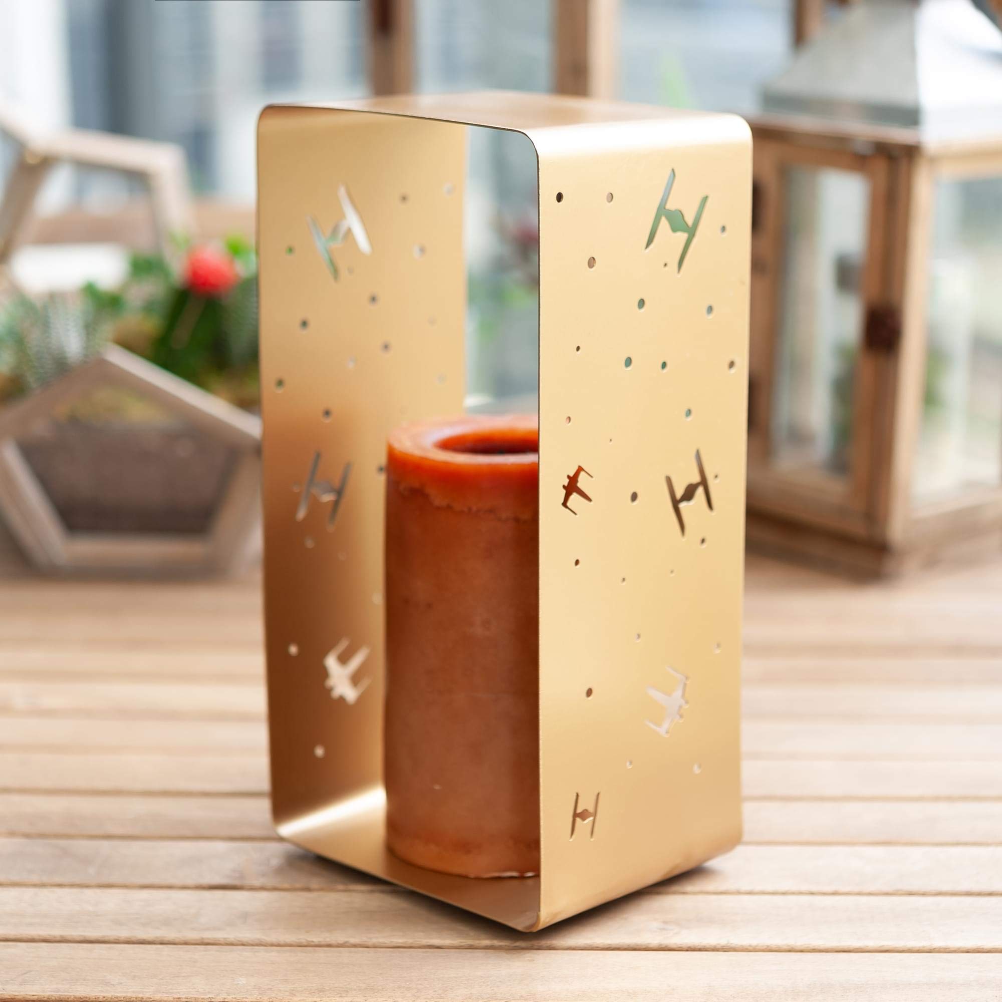 Star Wars Stamped Iron Lantern | Gold Die Cut X-Wing & Tie Fighter Battle | Indoor & Outdoor Use | 11.5 Inches Tall