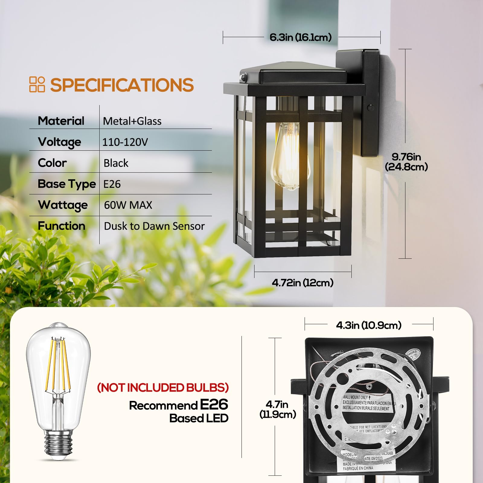 2 Packs Dusk To Dawn Outdoor Wall Lighting 9.76'', Exterior Light Fixture Wall Mount For House Front Porch Light, Black Anti-Rust Modern Outdoor Wall Lantern With Tempered Glass Shade For Garage