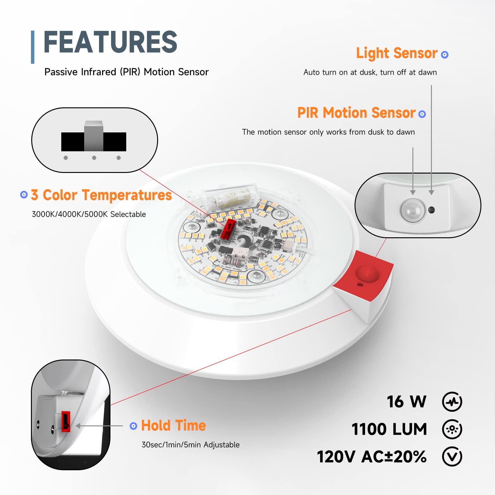 Ecoeler Motion Sensor Led Disk Light, 16W 1000Lm, 3000K/4000K/5000K Selectable Motion Activated Light Fixture, Closet Light With