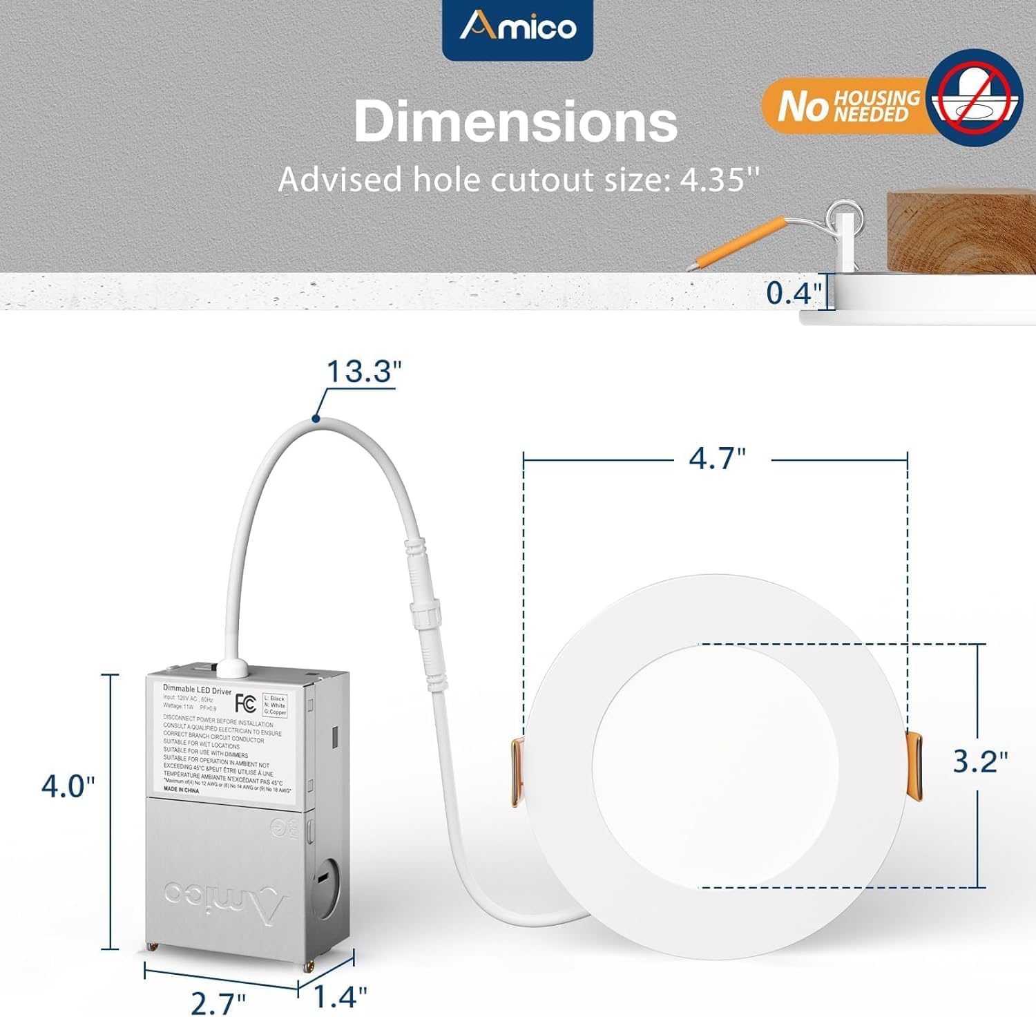 Amico 4 Inch 5CCT Ultra-Thin LED Recessed Light, 10W Dimmable, 700LM, 4 Pack, Selectable 2700K-500