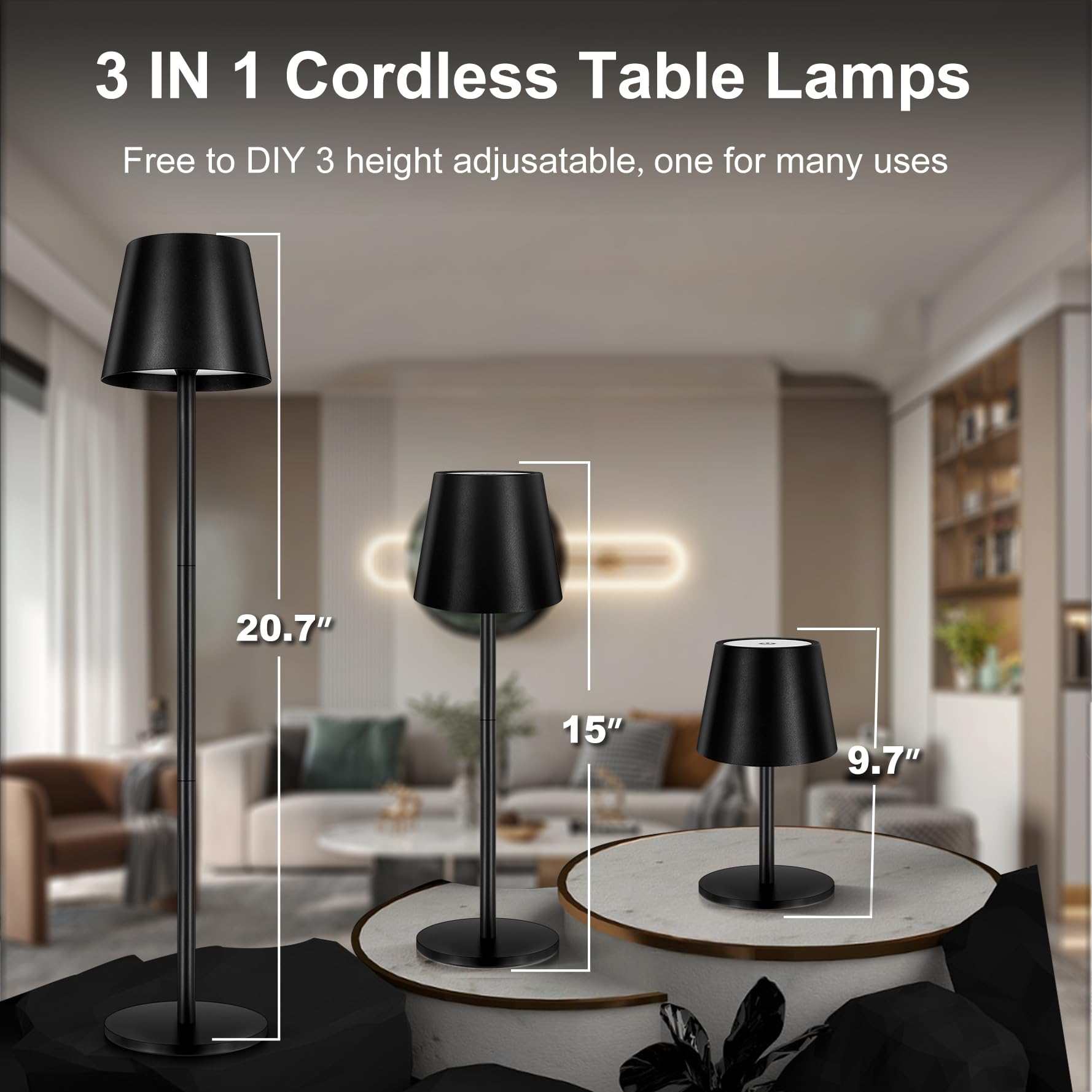 Seyxicnor 2-Pack Cordless Metal Table Lamp, 3 Adjustable Heights, 5400Mah Rechargeable Battery, 3 Colors Touch Dimming, Waterpro