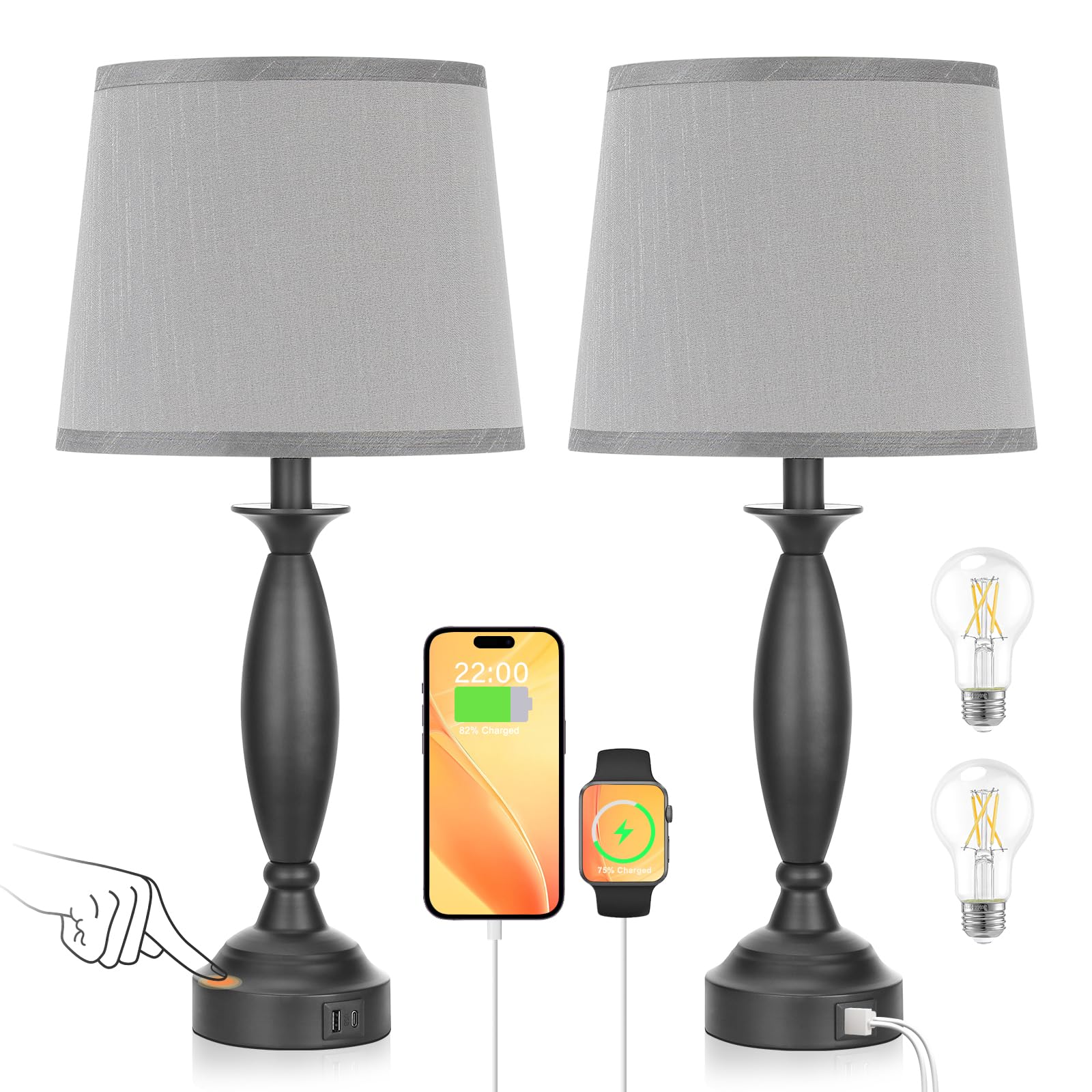 Grey Lamps for Bedrooms Set of 2 - Touch Control Bedside Lamp with USB C+A, 3 Way Dimmable Nightstand Lamps with USB Port, Table