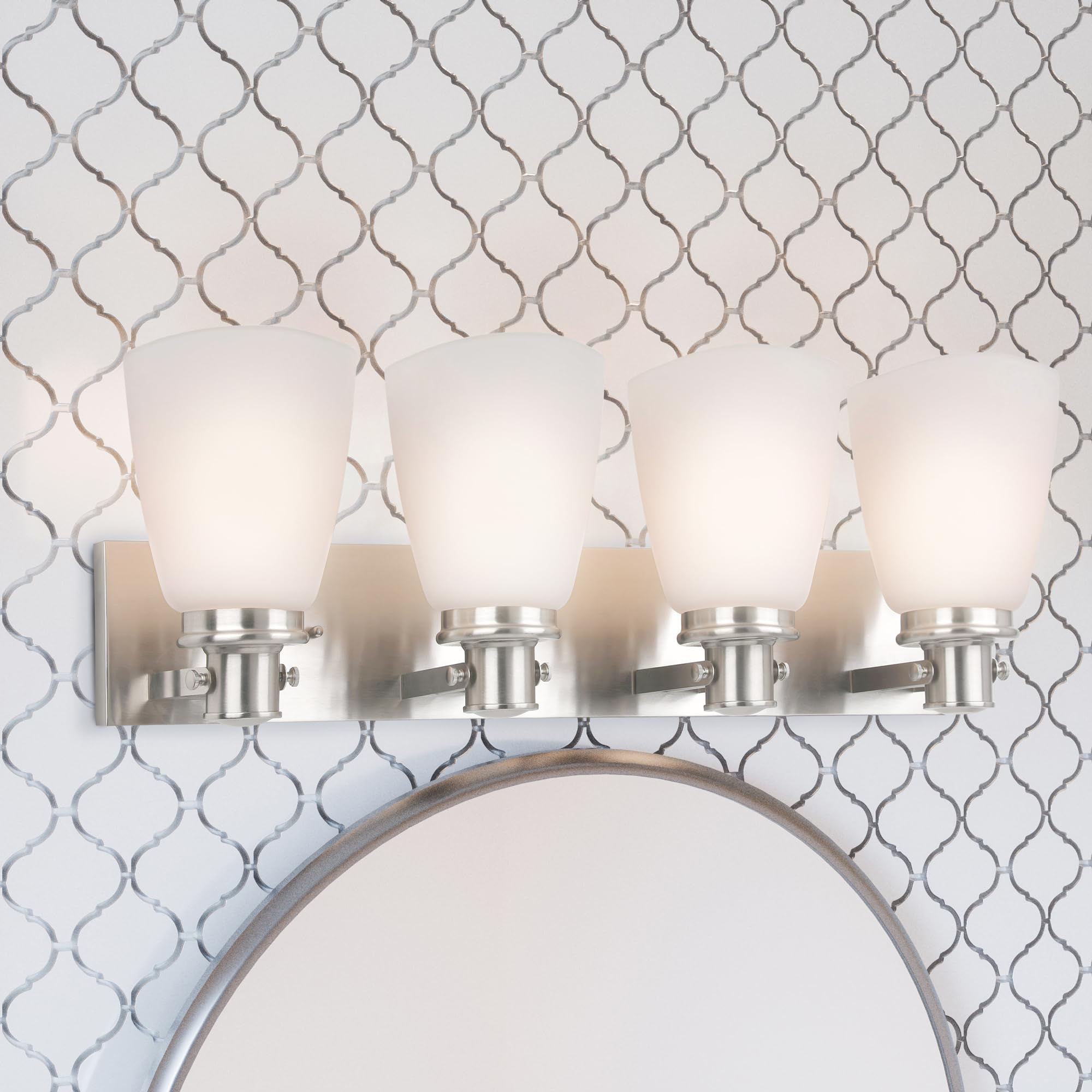 Design House 4-Light Vanity Light, Frosted White Glass, Dimmable, Satin Nickel, 28.4in L x 7.4in W x 8.6in H,