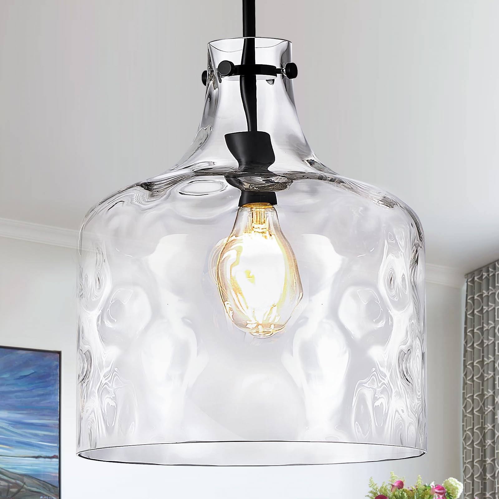 CATINER Extra Large 16 Vintage Farmhouse Pendant Light - Hand-Blown Clear Hammered Glass Shade, Adjustable Chain, Hanging Light 