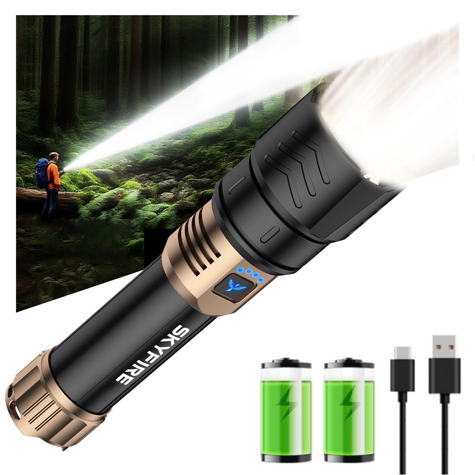 SKYFIRE Rechargeable Flashlight, 8000mAh, High Lumens, Zoomable, Waterproof LED, Model SF-1097-Type, Ideal for Camping and Emergencies