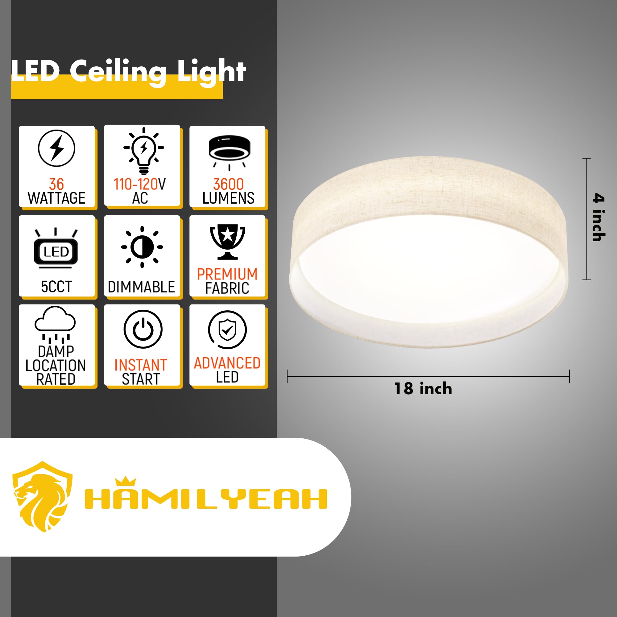 Hamilyeah 18 Inch Led Ceiling Light Flush Mount Light Fixture 36W, Modern Kitchen Lighting Fixture Ceiling Mount With Fabric Sha