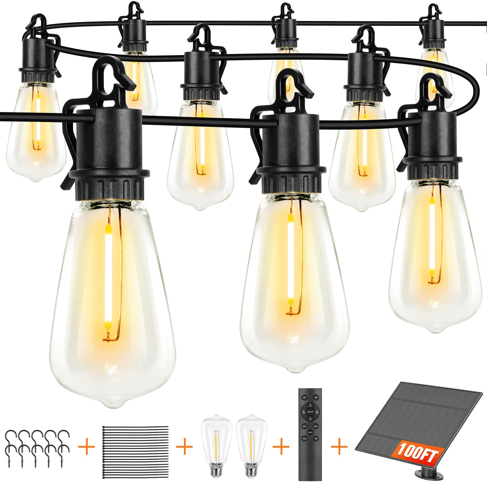 Solar String Lights Outdoor Waterproof 100Ft With 52 Shatterproof,Solar Lights Outdoor Remote St38 Vintage Edison Bulbs,Salor Ou
