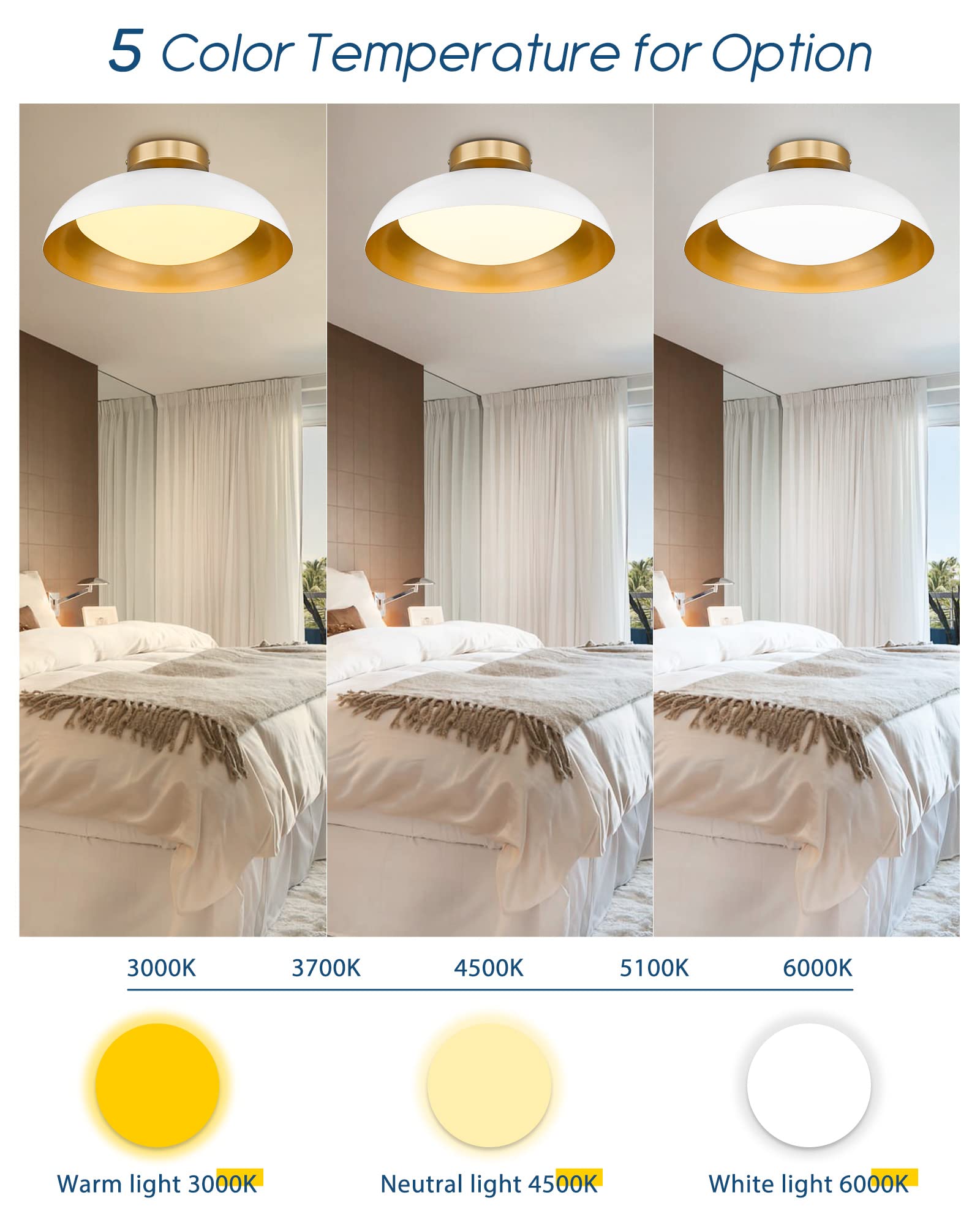 Kudos Flush Mount Light Fixture, 16-Inch Led Ceiling Light Fixture, White And Gold Finish, 24W 2400Lm Light Fixtures For Living Room, Kitchen, Bedroom, Hallway, 5Cct, Kdcl02-Wt