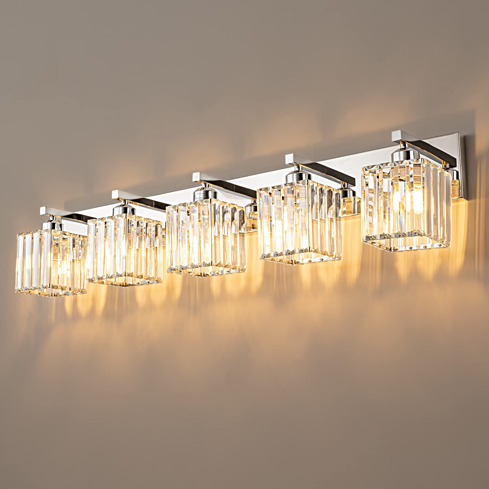 Fdpby Modern Bathroom Vanity Light 5-Lights Modern Chrome Crystal Bathroom Wall Light Bathroom Vanity Light Fixtures