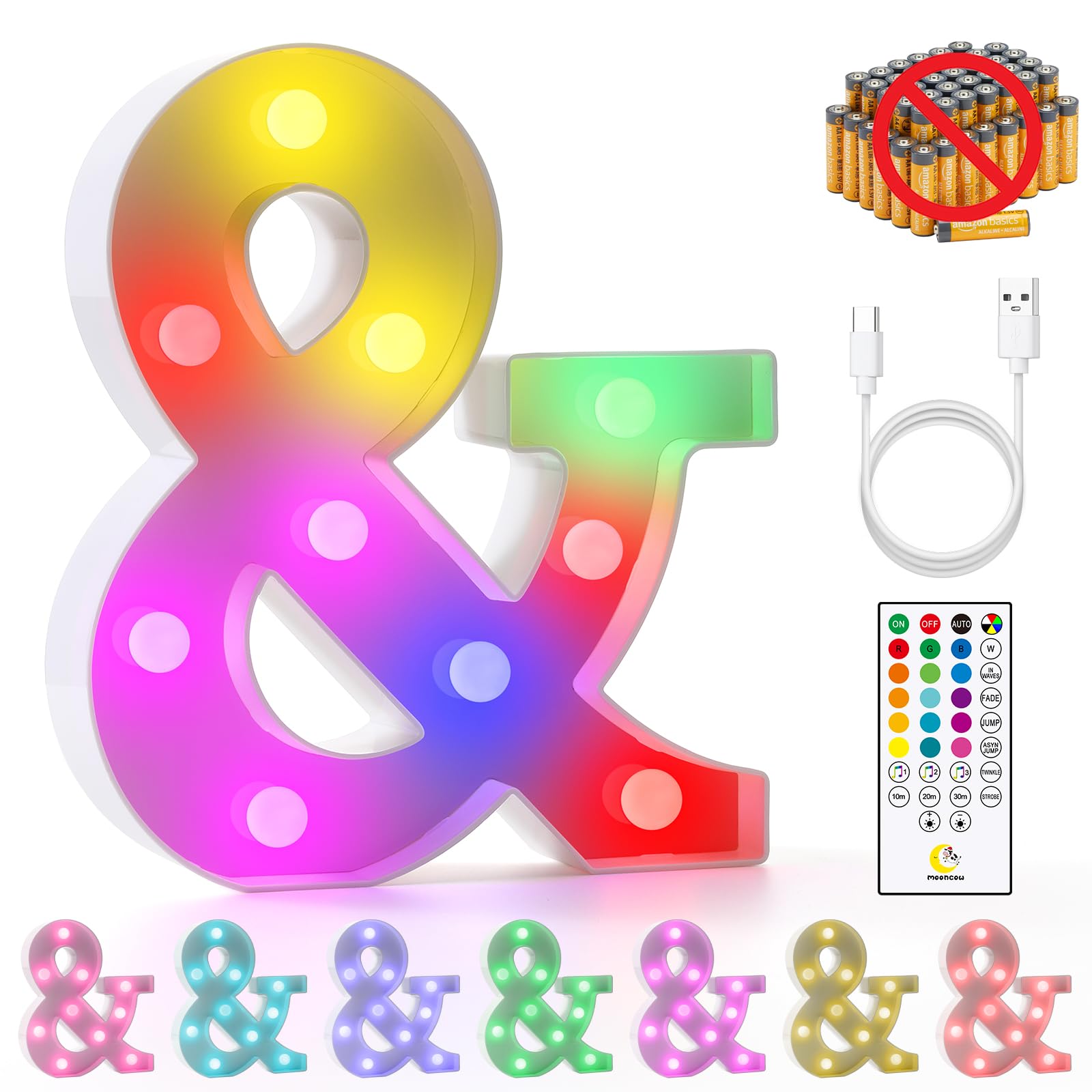 Mooncow Rechargeable Light Up Letters,Colorful Marquee Letters With Remote,Gift Wrap Gifts,Bedroom Home Bar Party Decor (&)