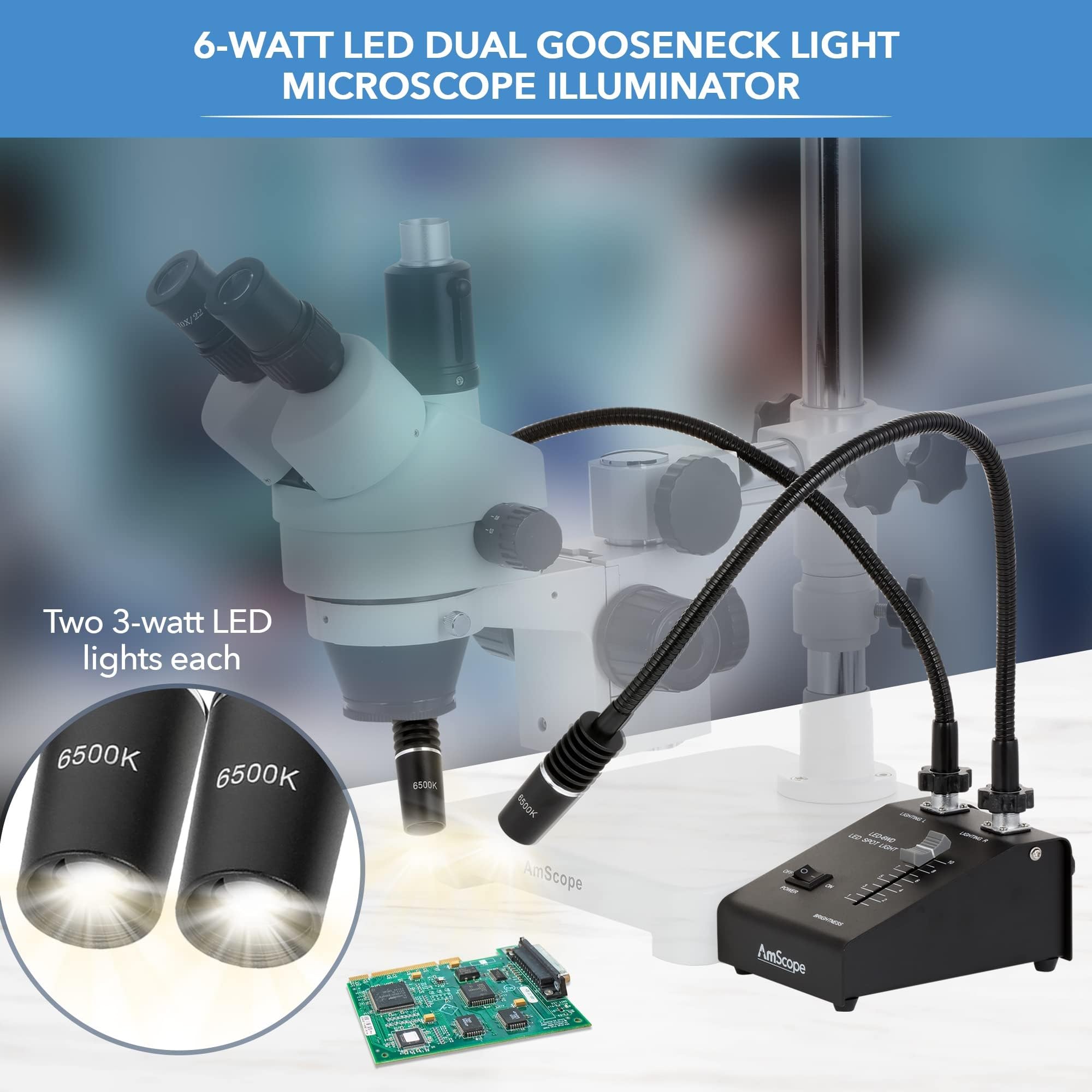 AmScope LED-6W Dual Gooseneck Illuminator Light, Black, 6 Watt, 1 Count